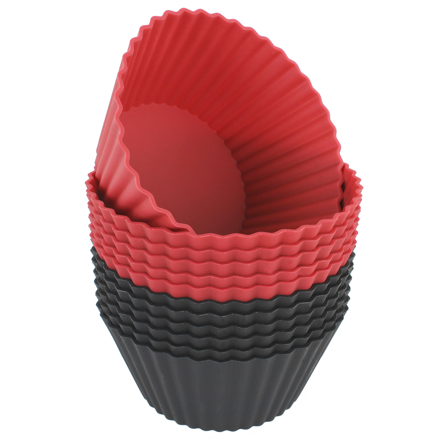 Freshware Silicone Cupcake Liners / Baking Cups - 12-Pack Jumbo Muffin Molds, 3-6/8 inch Round, Red and Black Colors