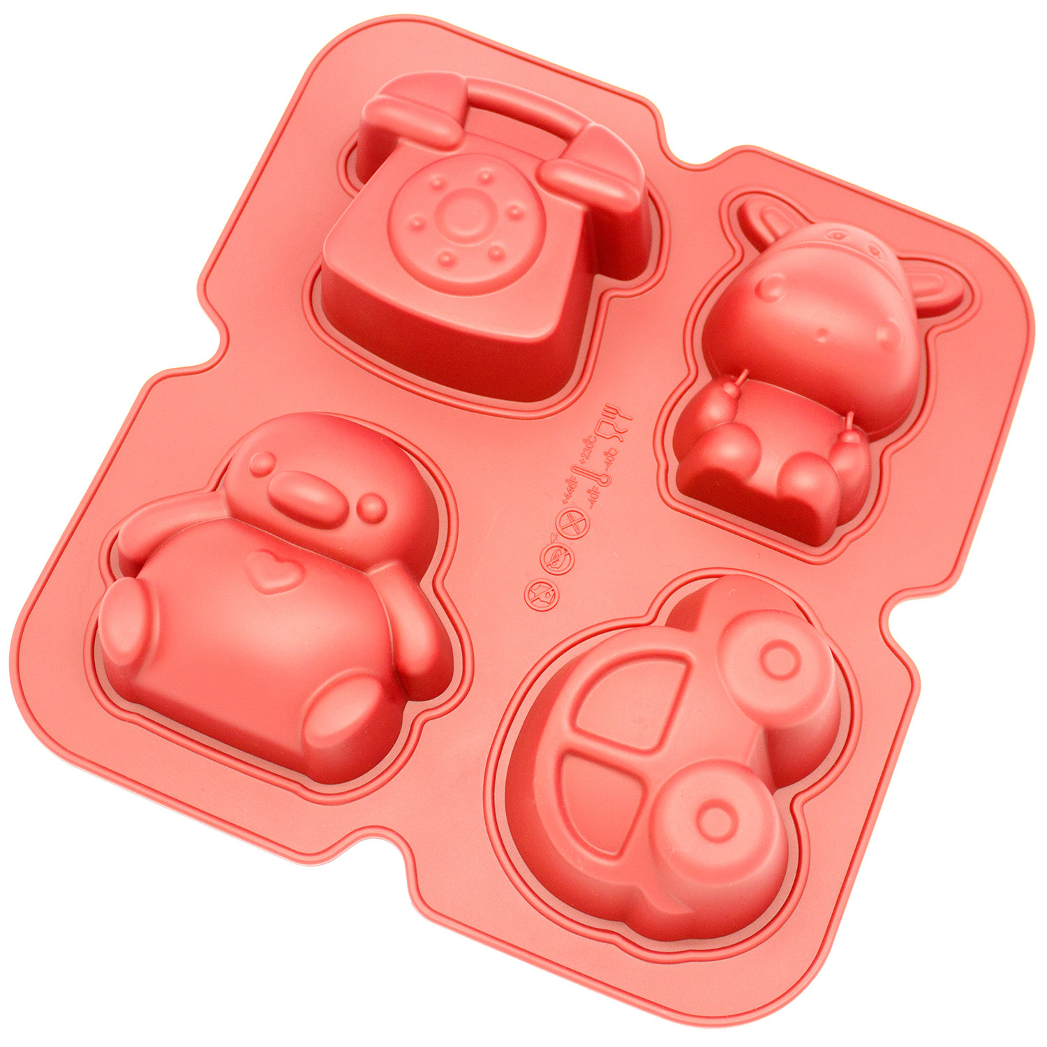 Freshware Silicone Mold, Soap Mold for Pudding, Muffin, Cupcake, Cheesecake and Soap, Penguin, Hippo, Toy and Phone, 4-Cavity