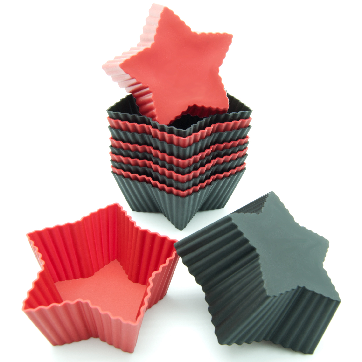 Freshware Silicone Cupcake Liners / Baking Cups - 12-Pack Muffin Molds, Star, Red and Black Colors