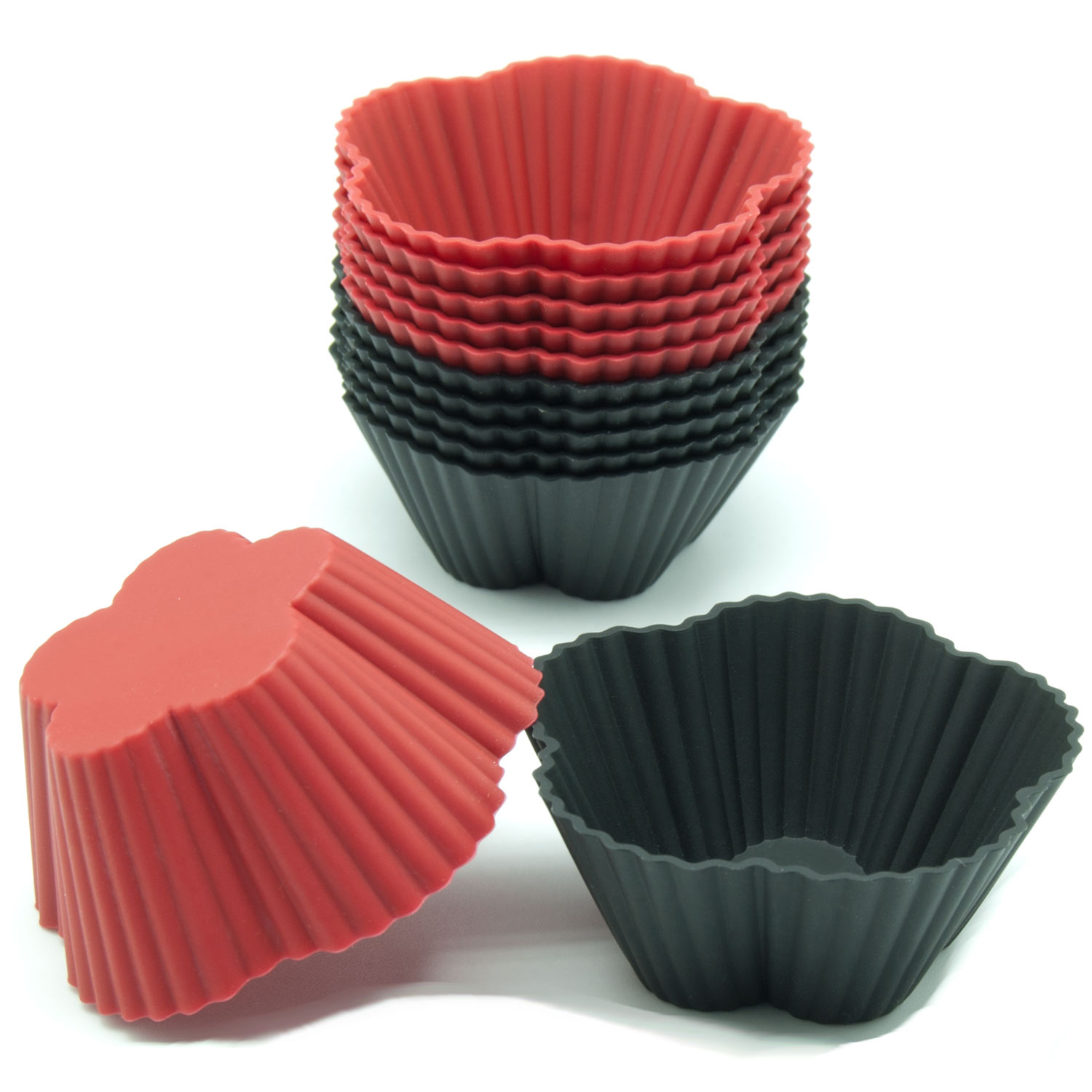 Freshware Silicone Cupcake Liners / Baking Cups - 12-Pack Muffin Molds, 2-3/8 inch Cherry, Red and Black Colors