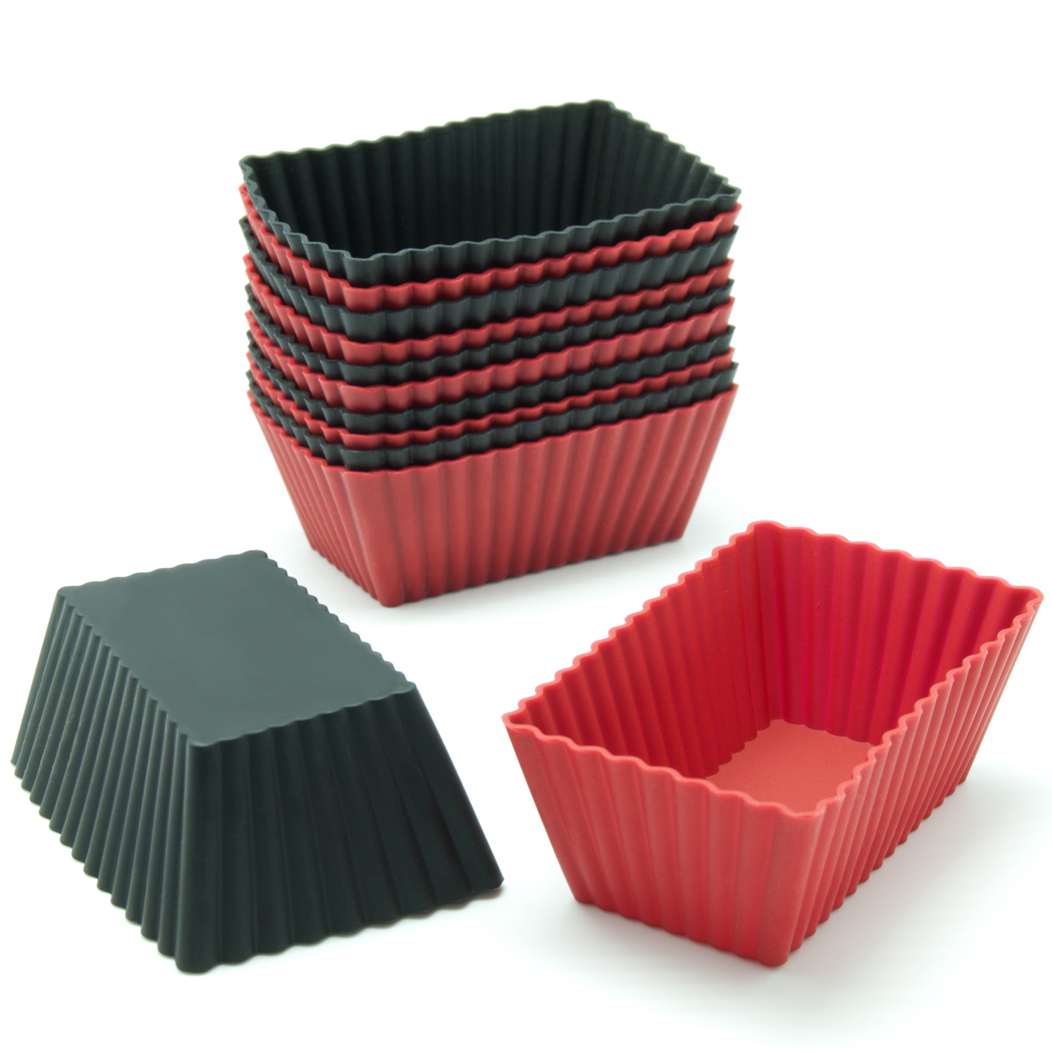 Freshware Silicone Cupcake Liners / Baking Cups - 12-Pack Muffin Molds, Rectangle, Red and Black Colors