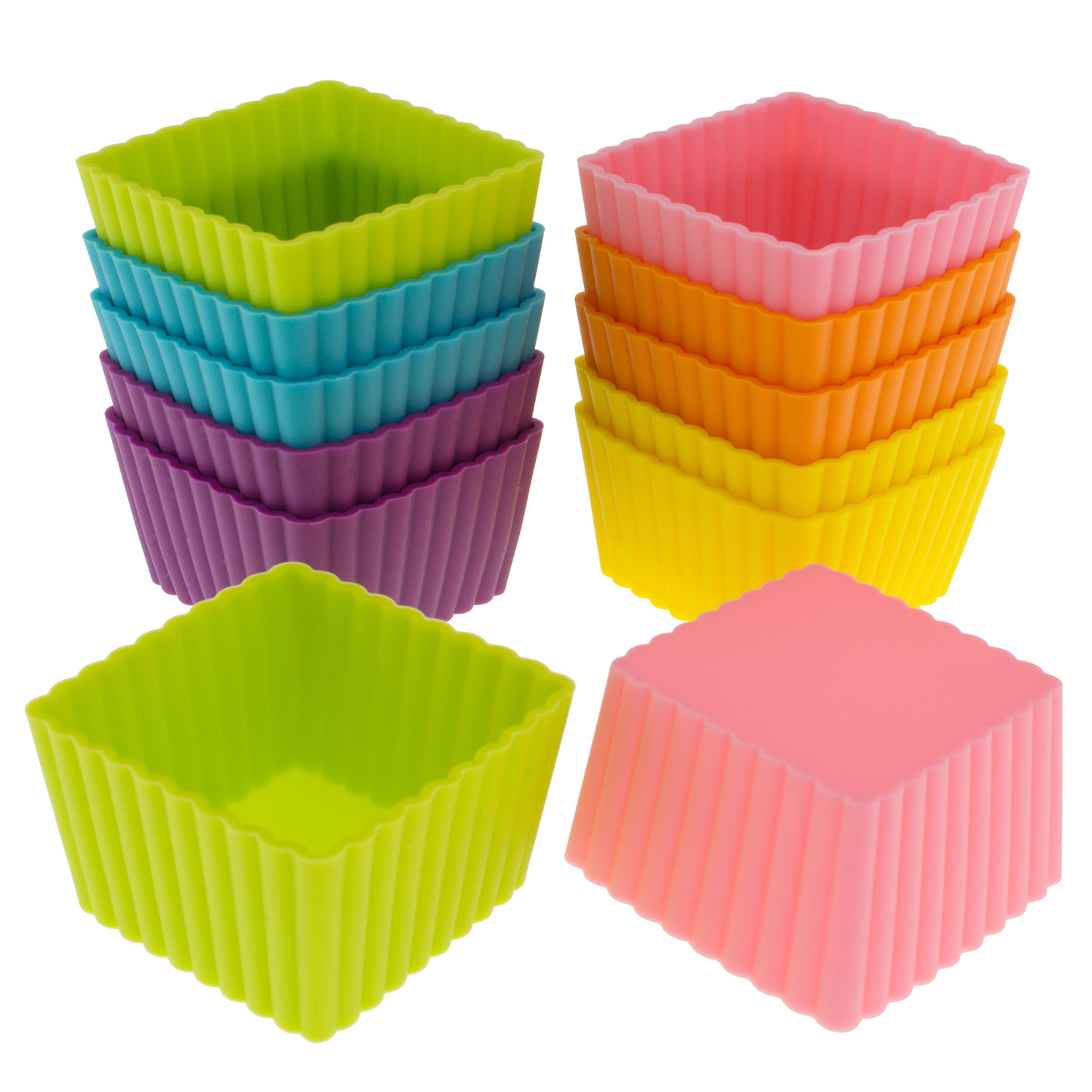 Freshware Silicone Cupcake Liners / Baking Cups - 12-Pack Muffin Molds, 1-6/8 inch Square, Six Vibrant Colors