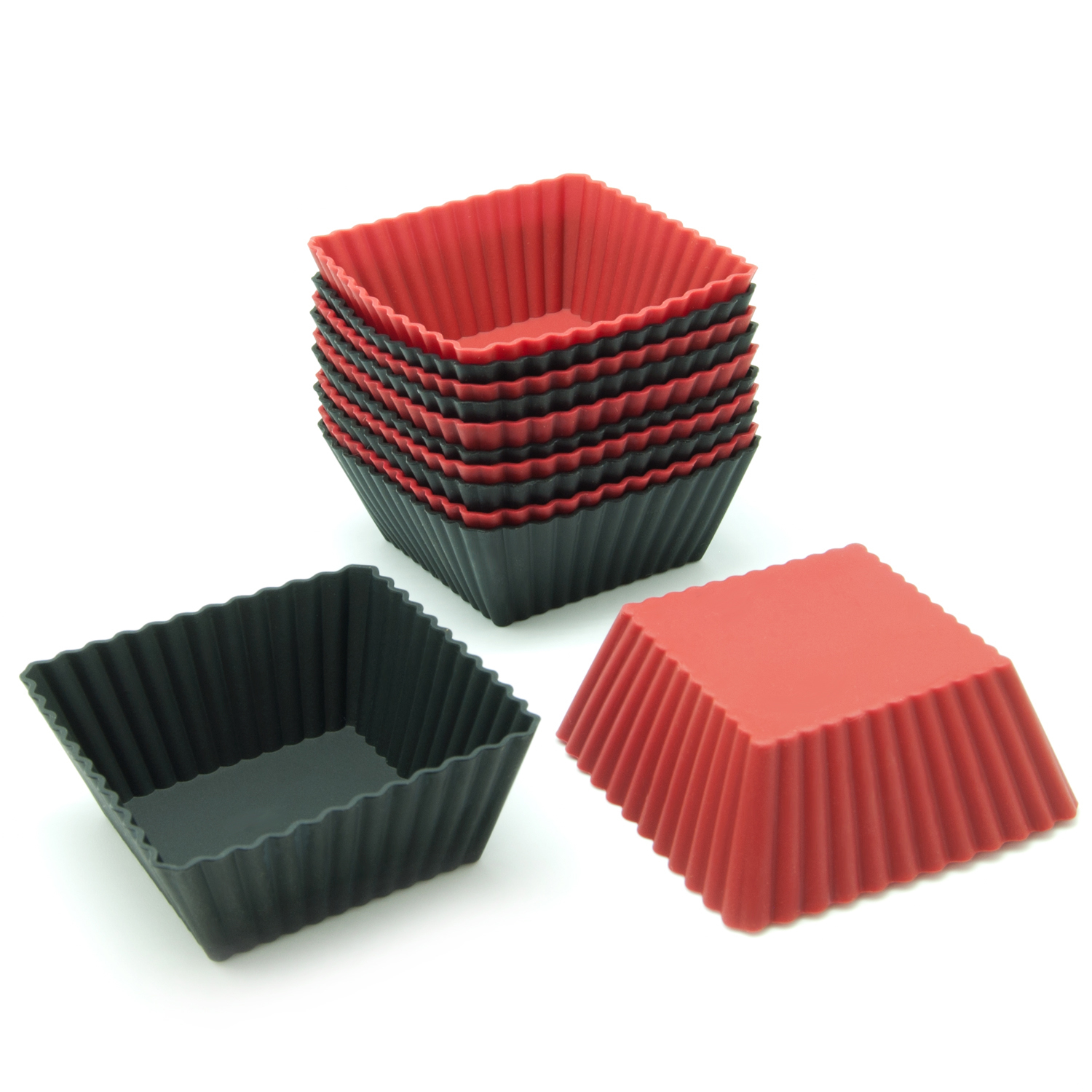 Freshware Silicone Cupcake Liners / Baking Cups - 12-Pack Muffin Molds, 2.5 inch Square, Red and Black Colors