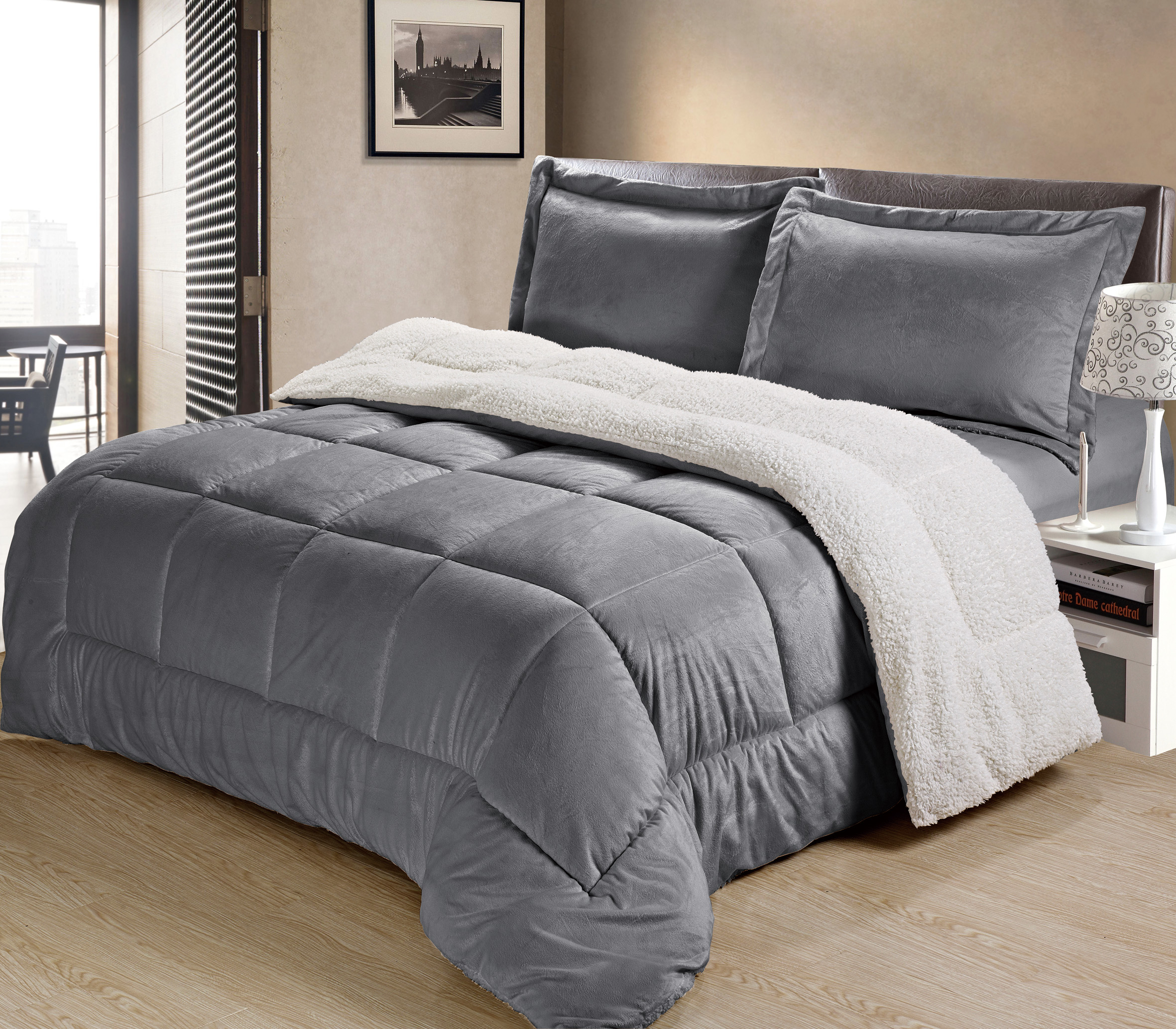 Home Classic Collection Micro Mink Sherpa Convertible Comforter Set - Twin, Pewter