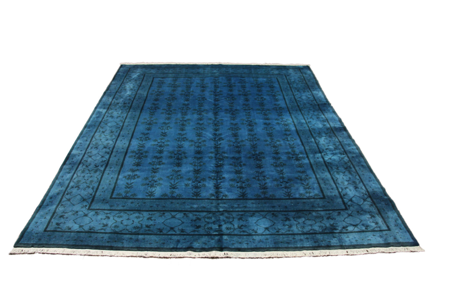 Aqua Blue 8x10 Overdyed Art Deco Floral Wool Rug 2802