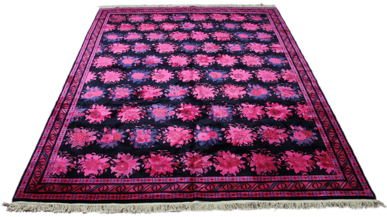 Hot Pink Navy 8x10 Overdyed Art Deco Floral Wool Rug 2774