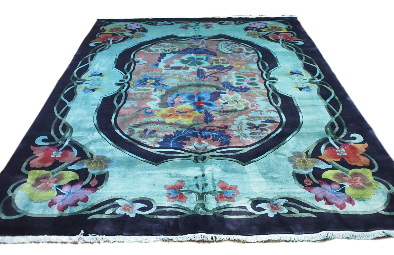 Teal Formal 9x12 Overdyed Floral Deco Wool Rug 2762