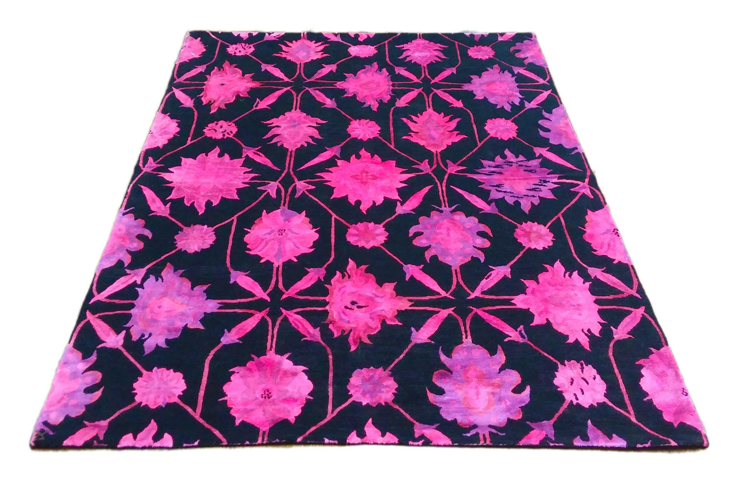 Black 5x7 Overdyed Wool Pile Rug Silk Hot Pink Flowers 2761