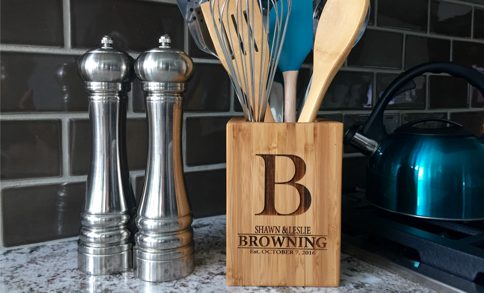 Personalized Bamboo Kitchen Utensil Holder - Browning