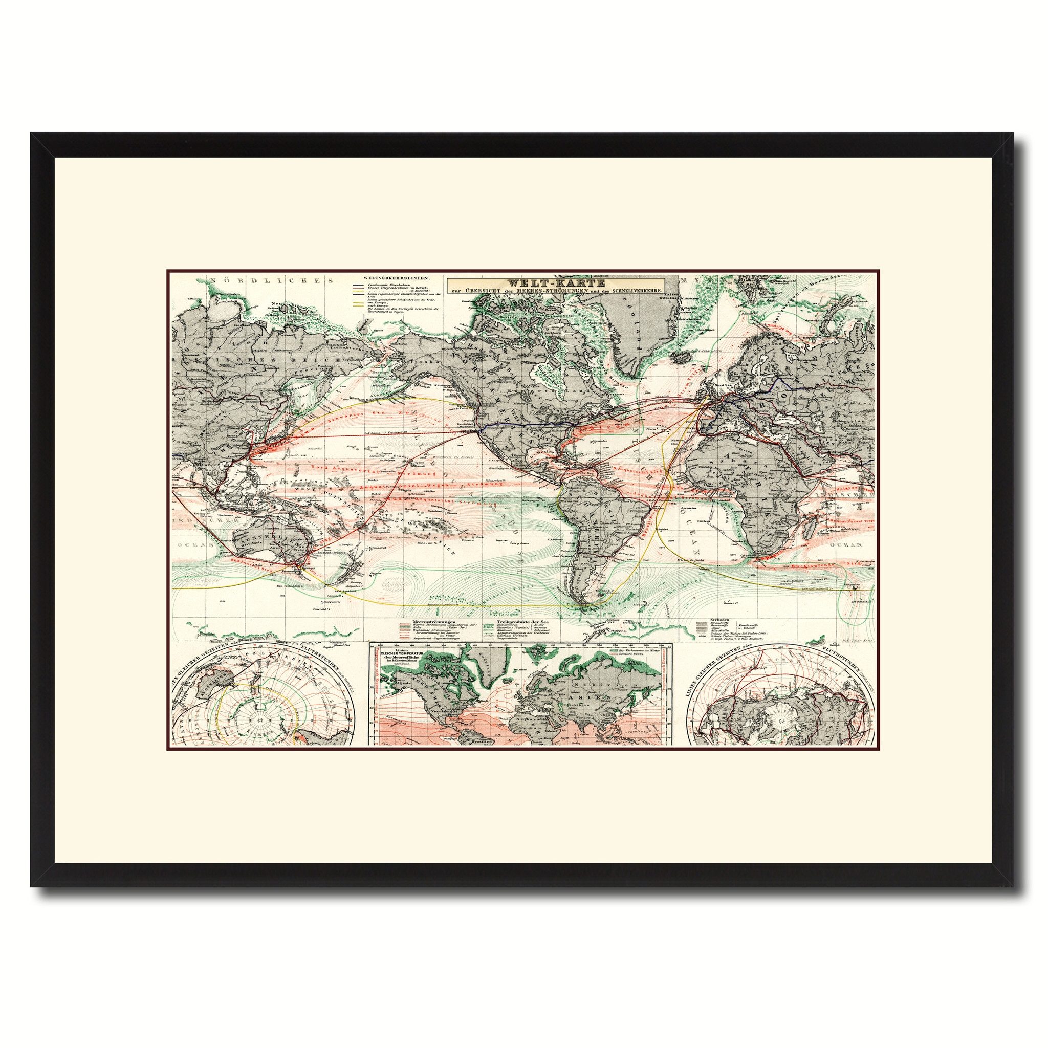 World Ocean Currents Vintage Antique Map Wall Art Home Decor Gift Ideas Canvas Print Custom Picture Frame - 16\" X 21\"