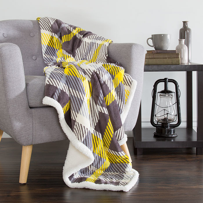 Lavish Home Fleece Sherpa Blanket Throw - Plaid Yellow/grey