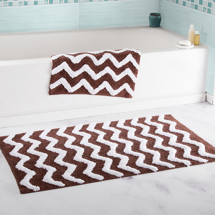 Lavish Home 100% Cotton 2 Piece Chevron Bathroom Mat Set - Chocolate