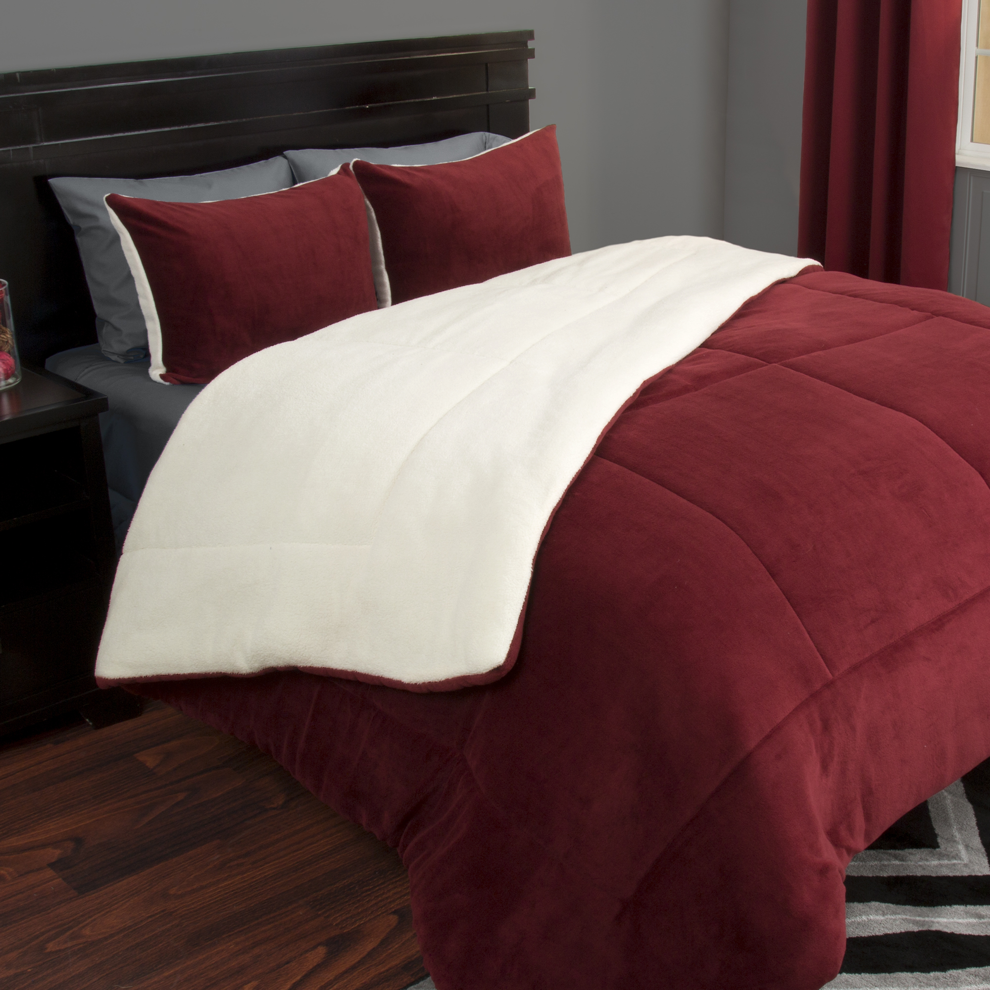 Lavish Home 3 Piece Sherpa/fleece Comforter Set - F/q - Burgundy