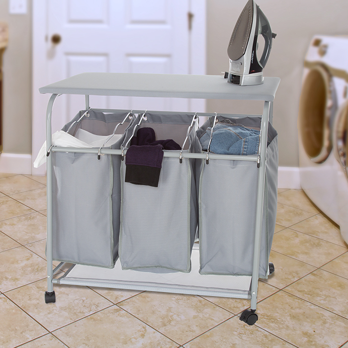 Lavish Home Rolling 3 Bin Laundry Sorter and Ironing Station - Gray