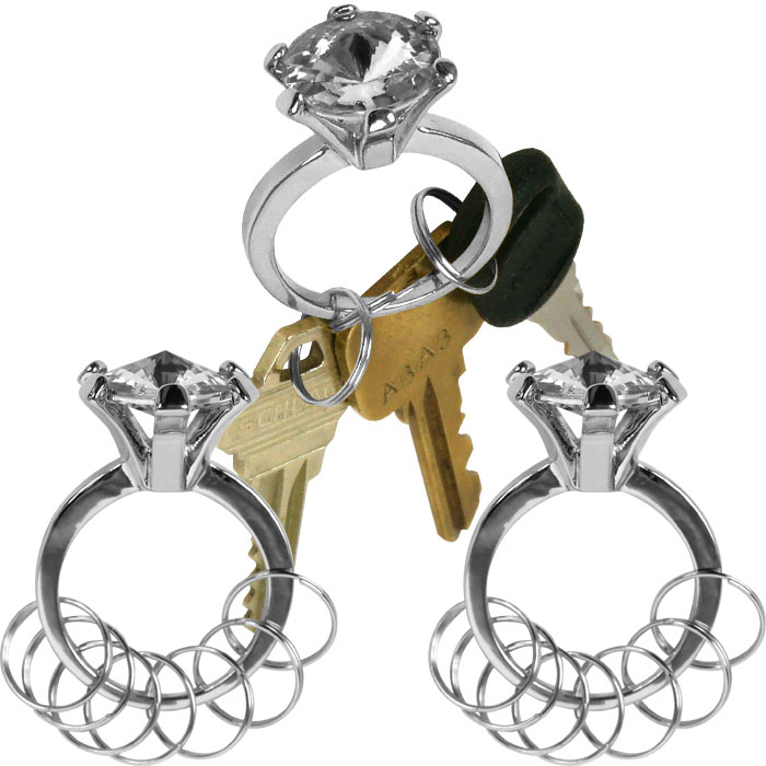 Silver Bling Diamond Ring Key Chain - Set of 3 - White Stone