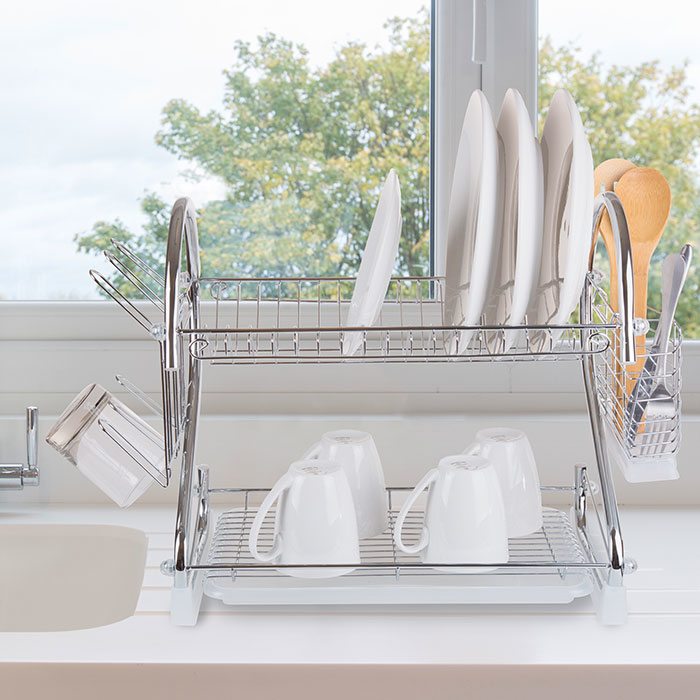 Chrome Dish Drying Rack 2 tiered with Cup and Utensil holders