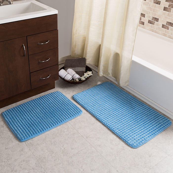 2 Pc Memory Foam Bath Mat Set By Lavish Home - Woven Jacquard Fleece - Blue