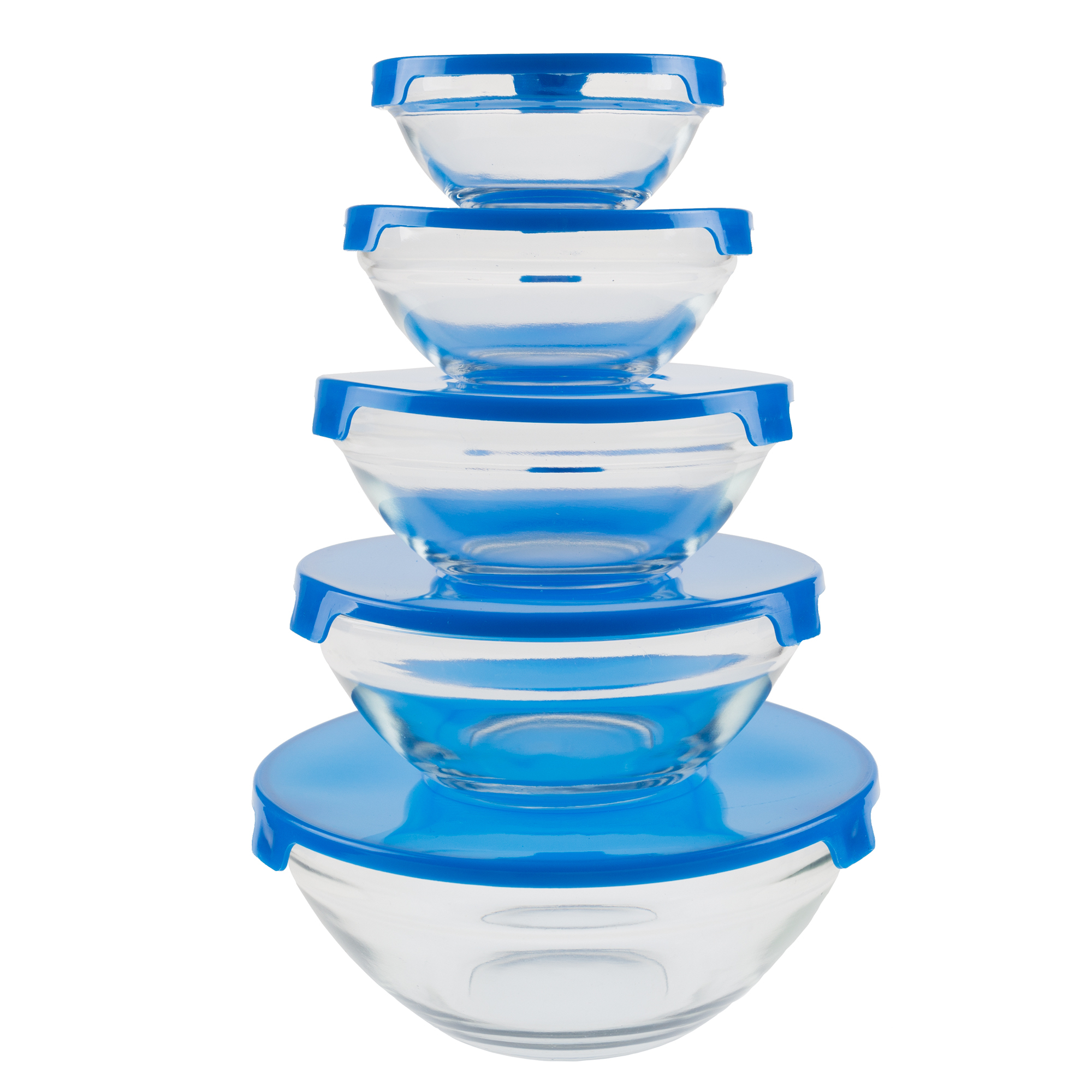 Glass Bowl Set 10 Pieces with Blue Plastic Lids by Chef Buddy