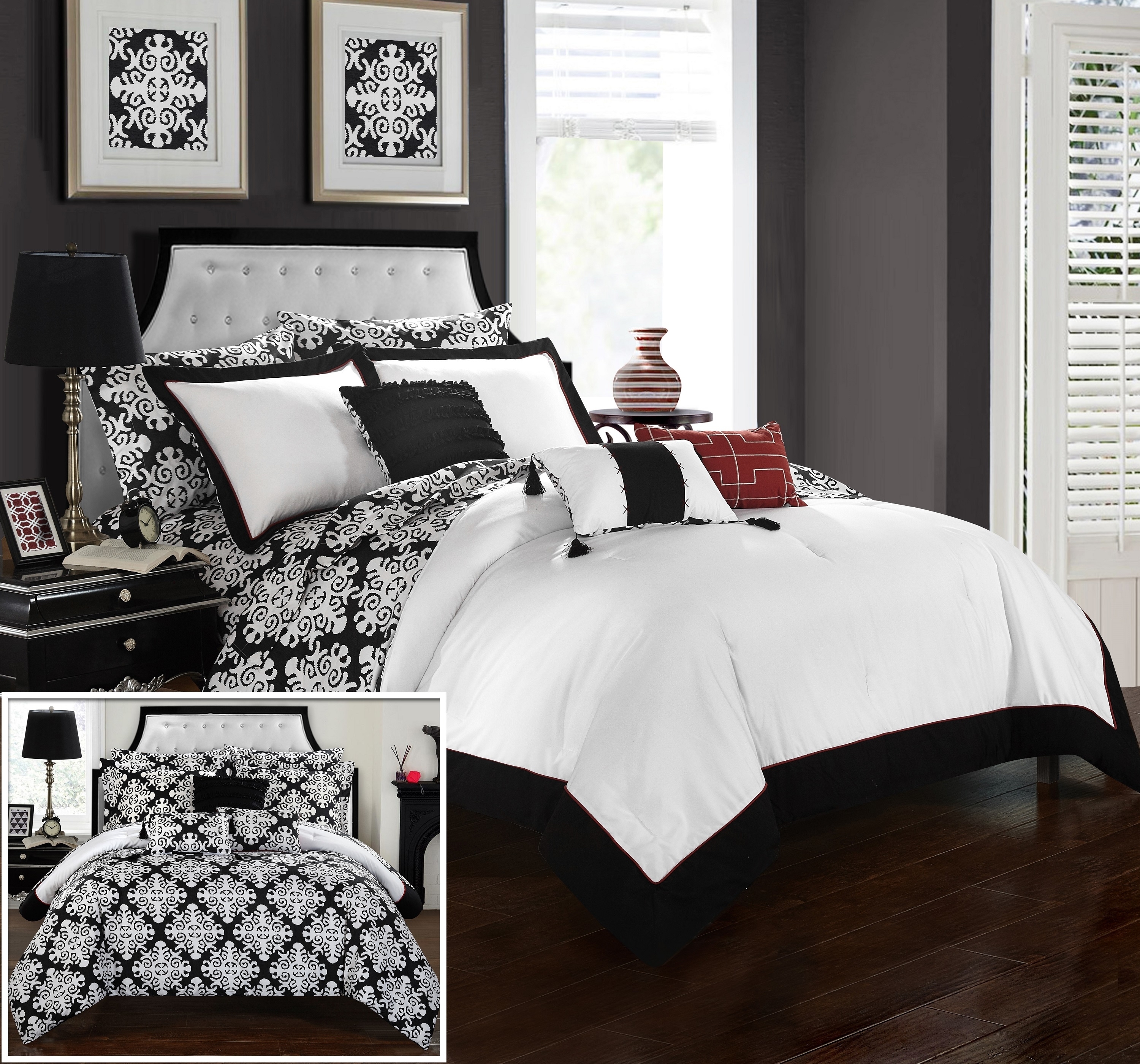 Chic Home 10 Piece Naira Black And White Reversible Medallion Printed Plush Hotel Collection Bed In A Bag Comforter Set With Sheet Set - Black, King