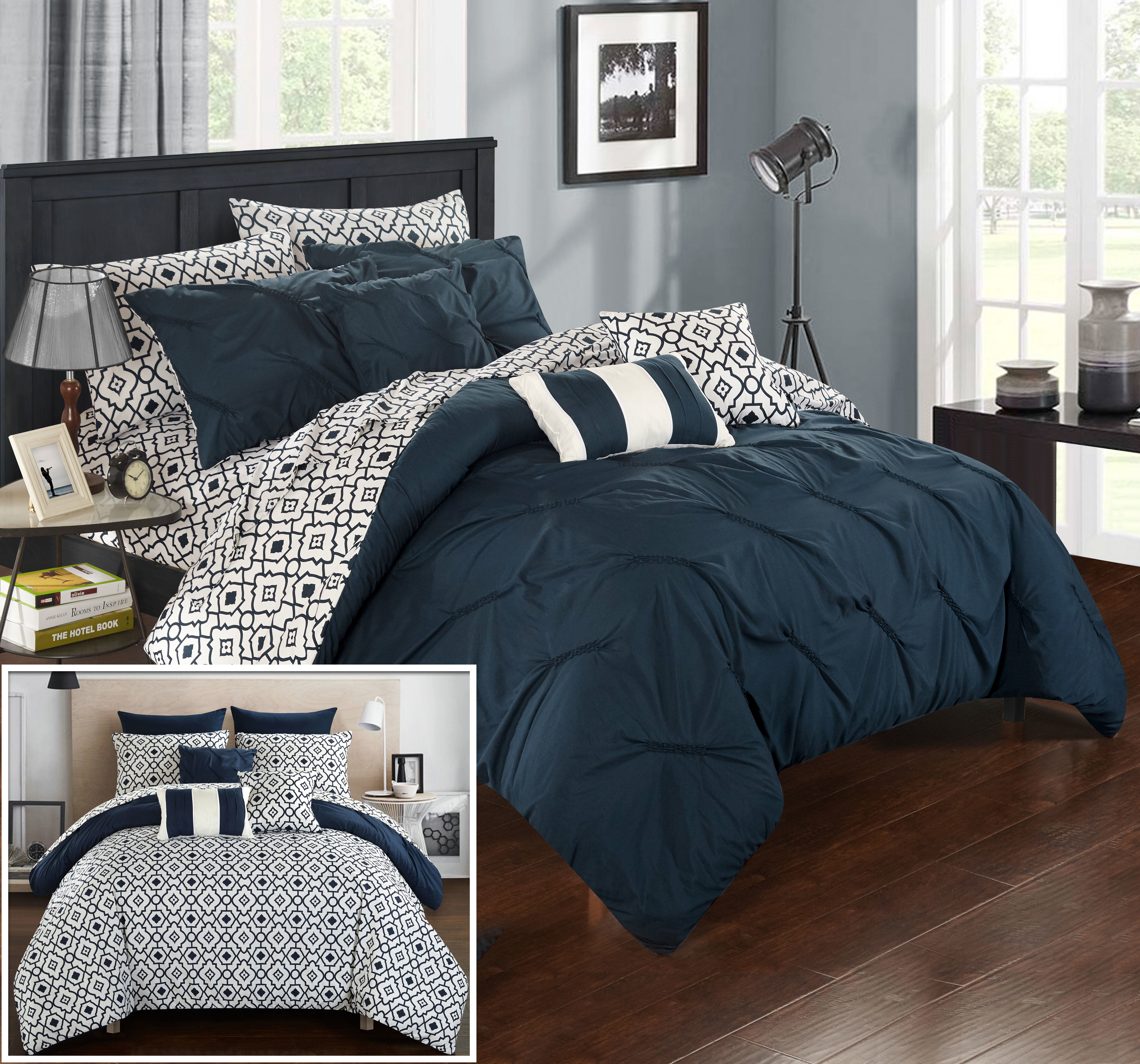 10 Piece Solice Pinch Pleated, Ruffled And Pleated Printed Reversible Complete Bed In A Bag Comforter Set With Sheet Set - Navy, King