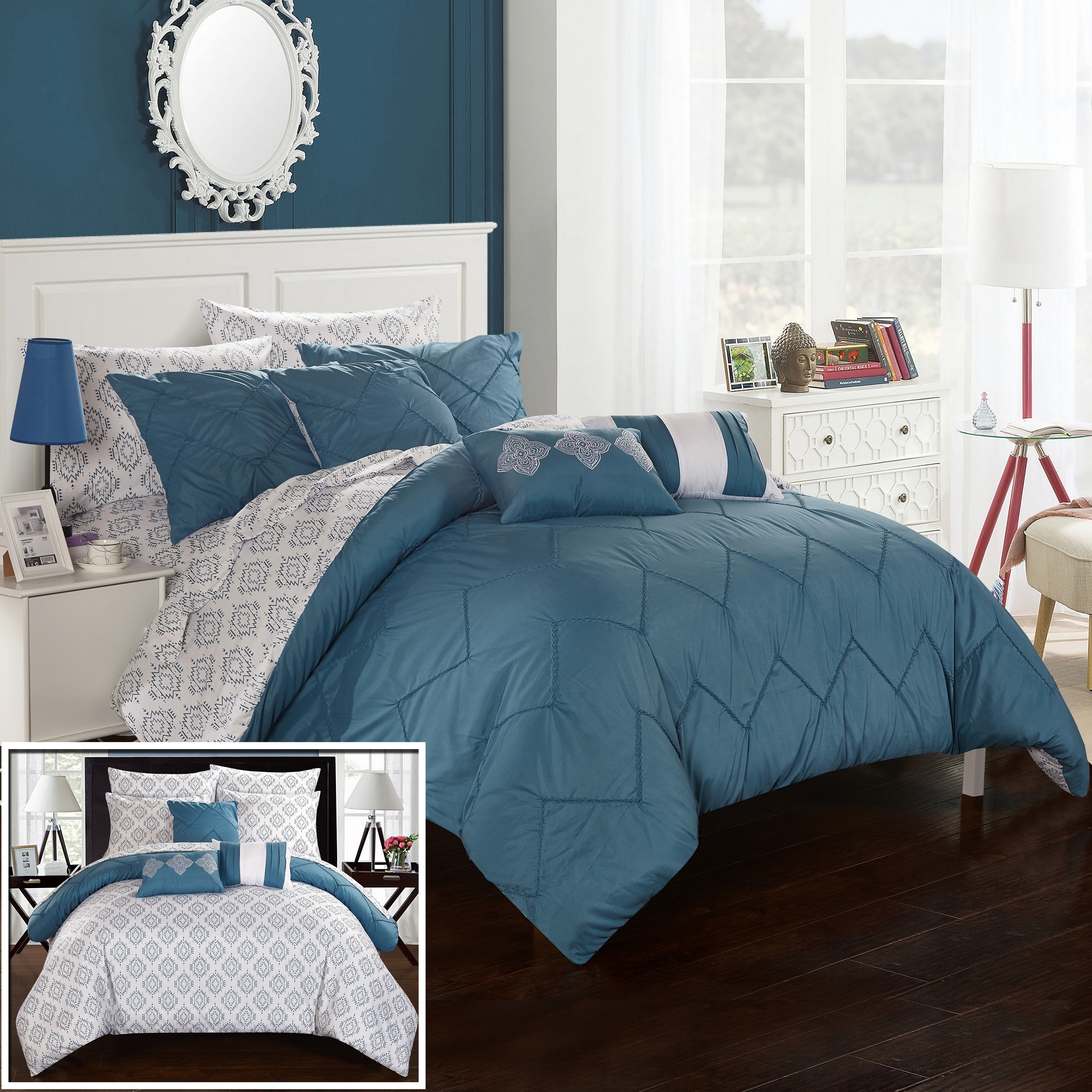 10 Piece Dahlia Rope Like Pinch Pleated Reversible Oversized And Overfilled Bed In A Bag Comforter Set With Sheet Set - Blue, King