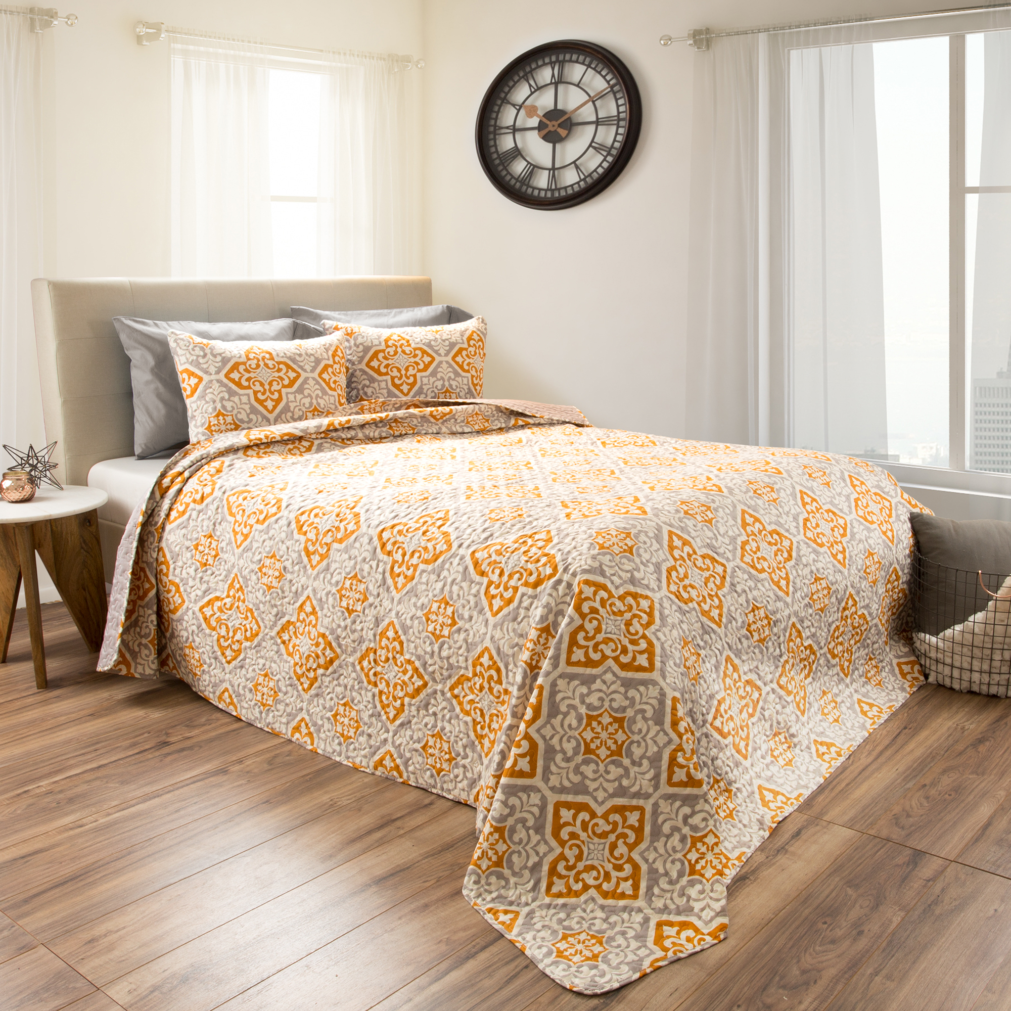 Damask Pattern Dusty Gray Orange Quilted Blanket Bedspread 2 Pc Set Twin