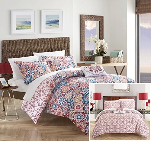 Chic Home 3/4 Piece Eindhoven 100% Cotton 200 Thread Count Bohemian Inspired Printed Reversible Quilt Set With Shams And Decorative Pillows - Pink, King