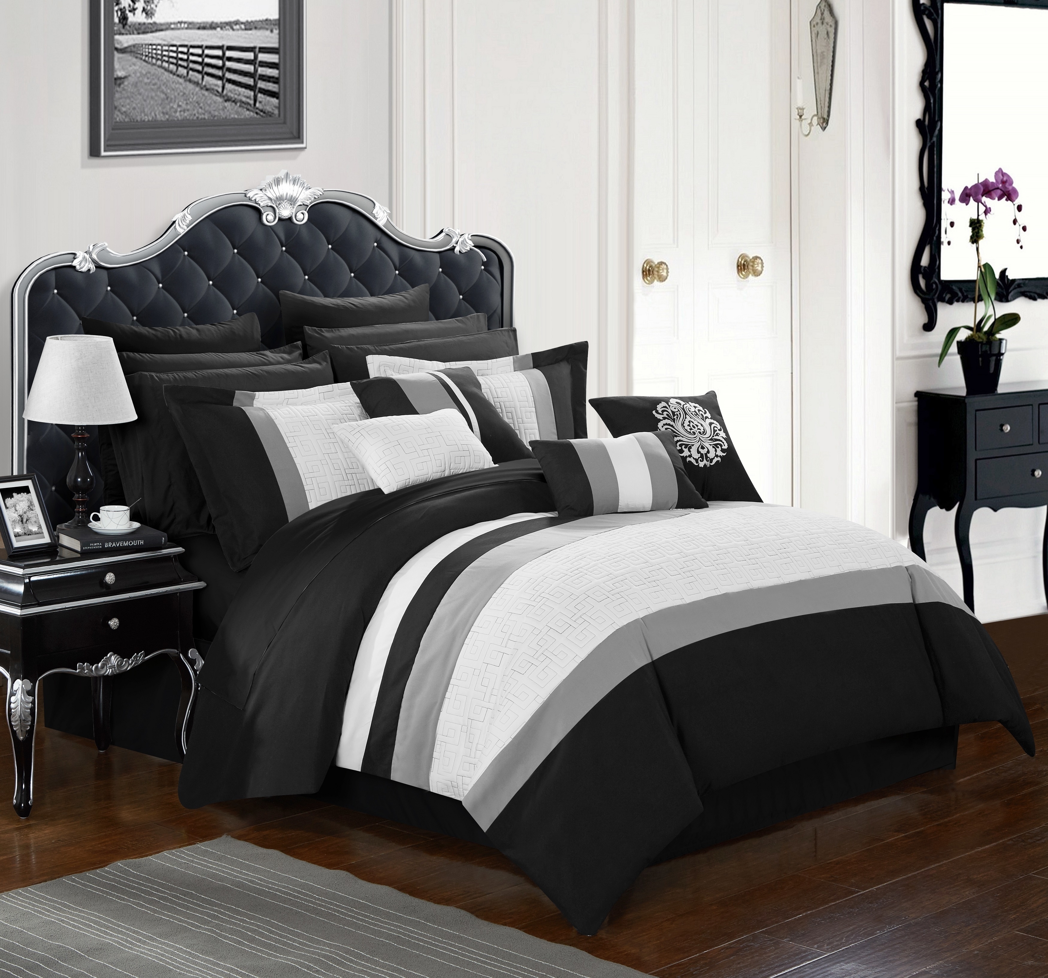 16 Piece Pisaro Complete Bedroom In A Bag Pinch Contemporary Embroidered And Quilted Comforter Set - Black, Queen