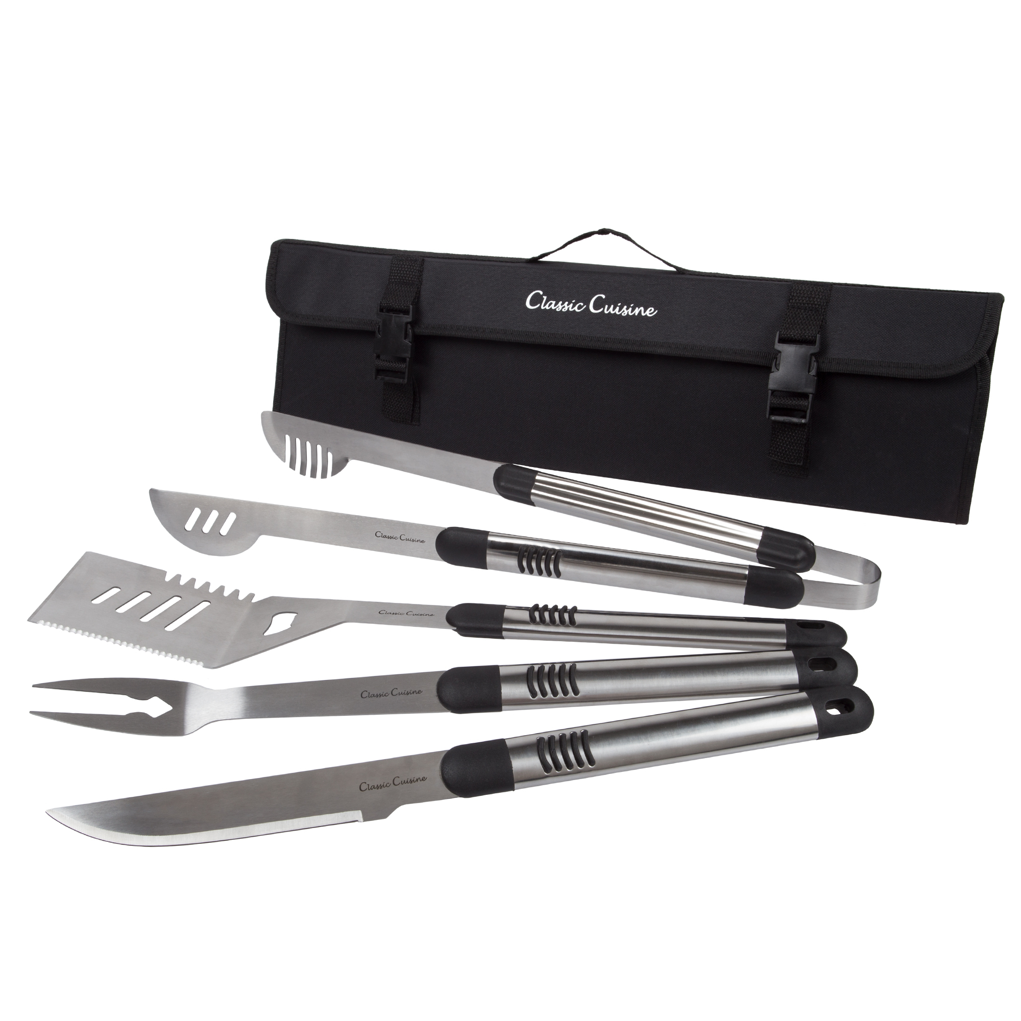 BBQ Grill Tools 5 Piece Stainless Steel Set, Barbecue Grilling Utensils Kit in Heavy Duty Nylon Travel and Storage Roll Bag
