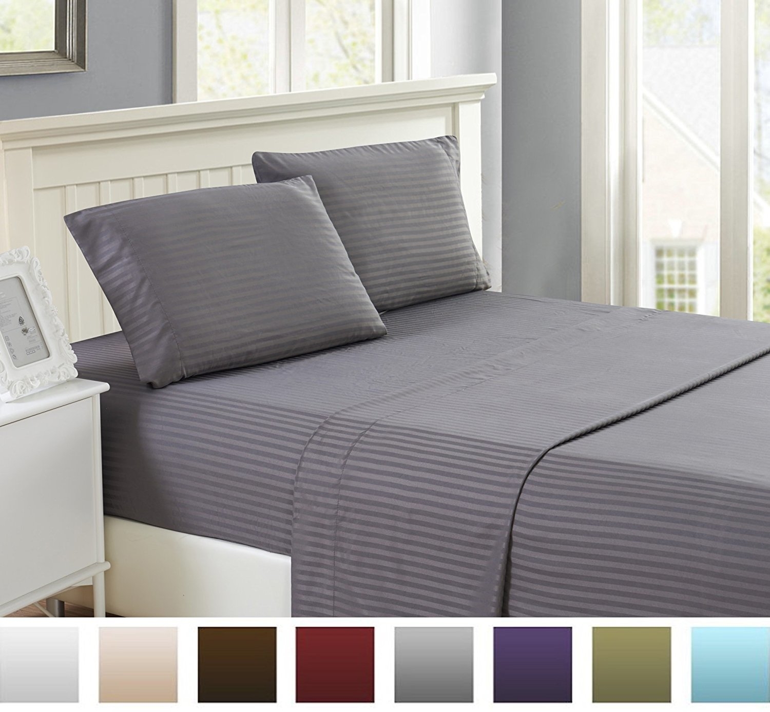 Lux Decor Stripe Bed Sheet Set - Wrinkle, Fade, Stain Resistant - Hypoallergenic - 4 Piece - King, Dark Grey