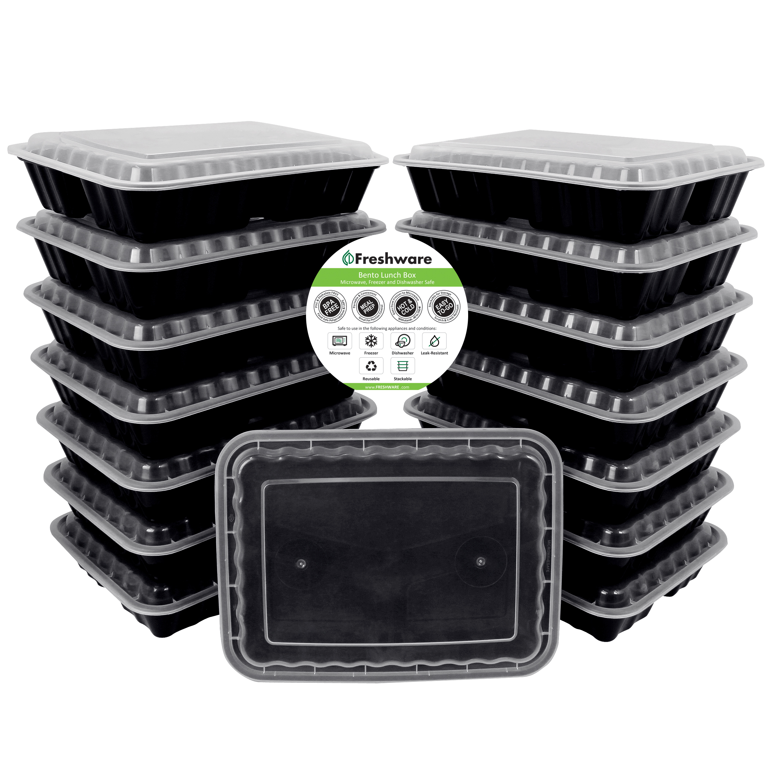 Freshware 15-Pack 3 Compartment Bento Lunch Boxes with Lids - Meal Prep, Portion Control, 21 Day Fix & Food Storage Containers (36oz)