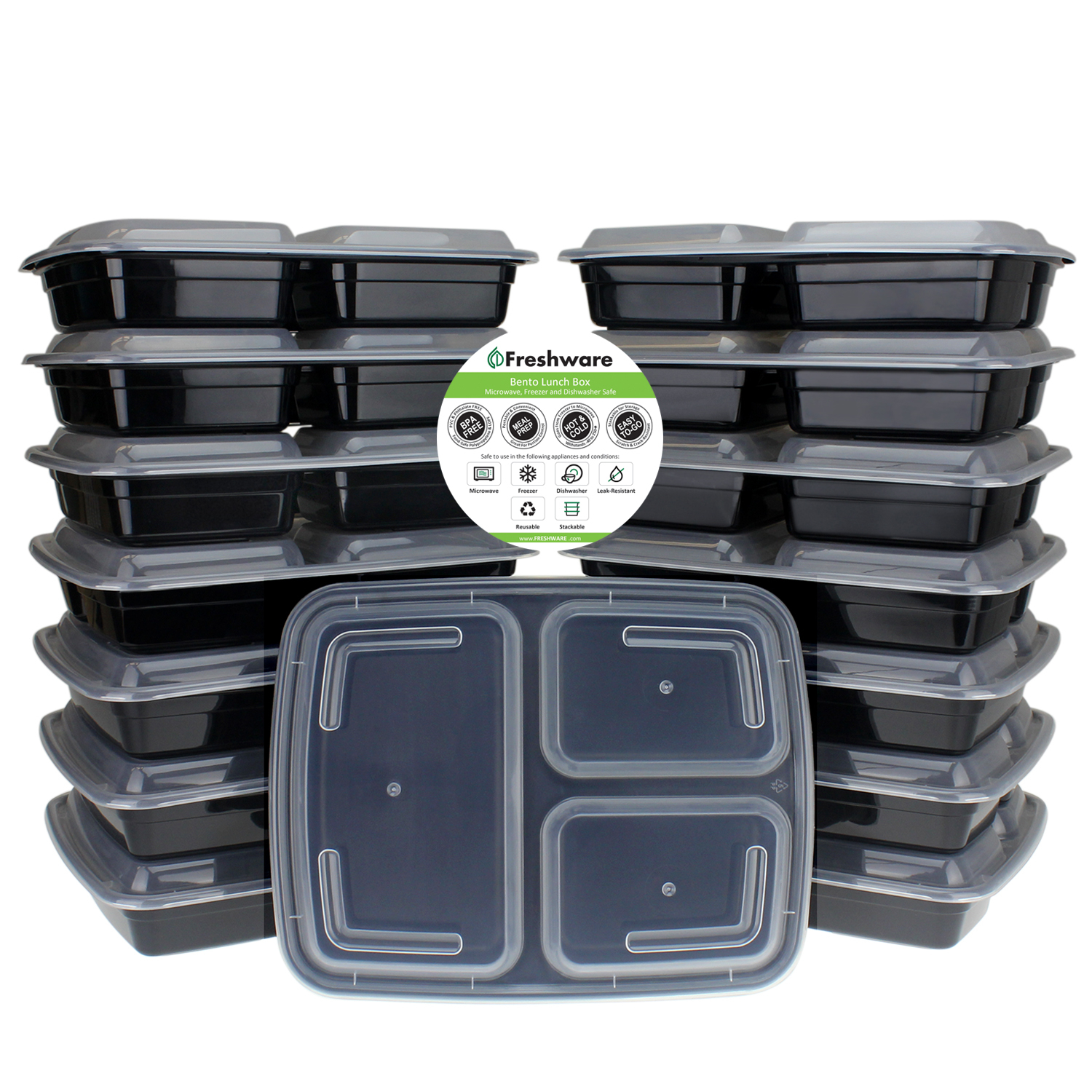 Freshware 15-Pack 3 Compartment Bento Lunch Boxes with Lids - Meal Prep, Portion Control, 21 Day Fix & Food Storage Containers (32oz)