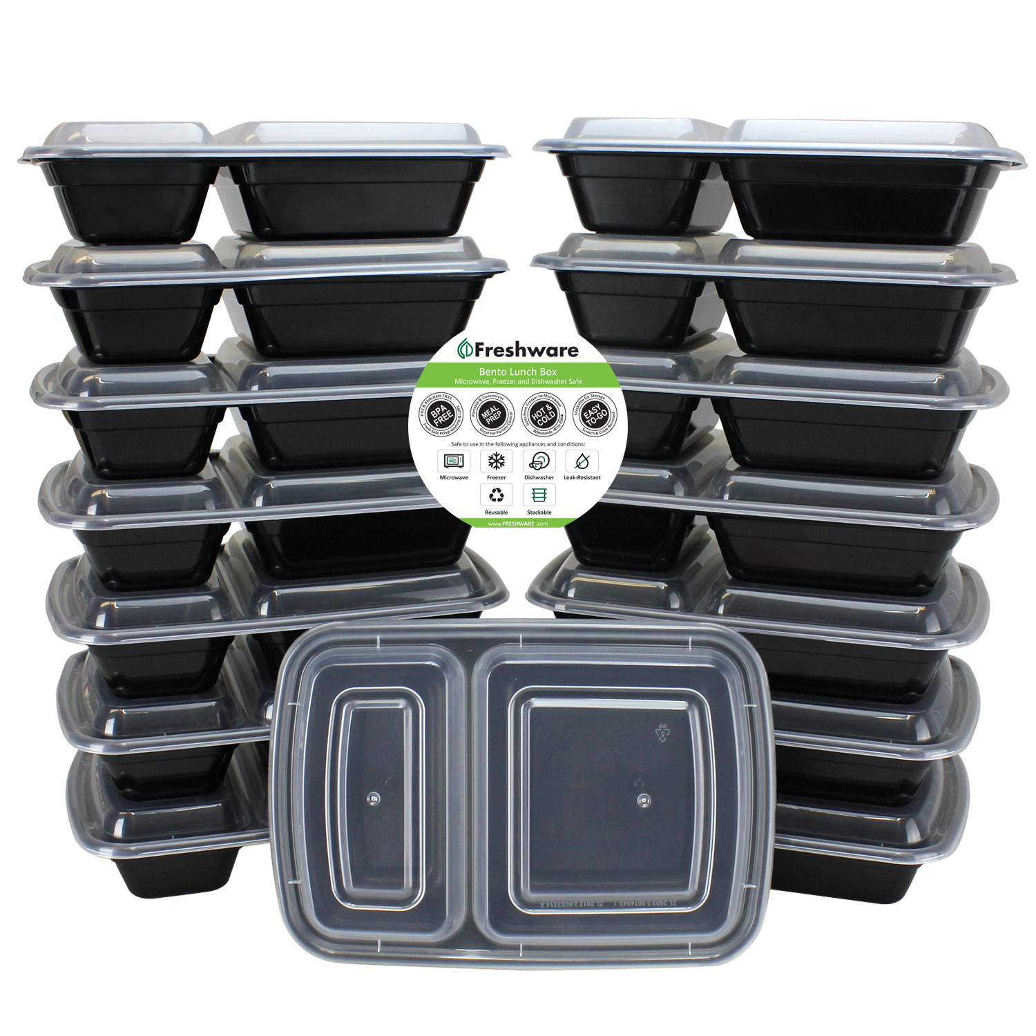 Freshware 15-Pack 2 Compartment Bento Lunch Boxes with Lids - Meal Prep, Portion Control, 21 Day Fix & Food Storage Containers (25oz)