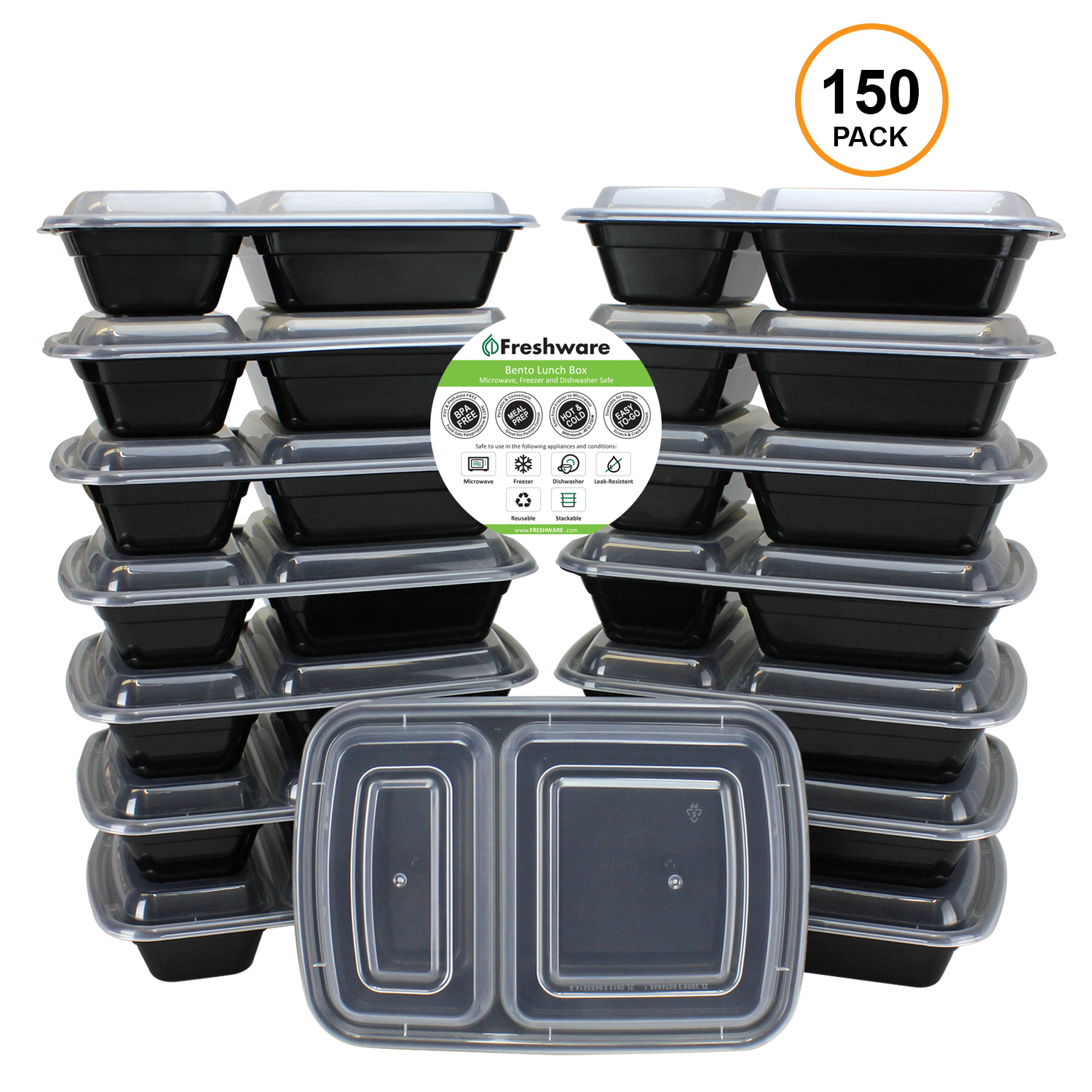 Freshware 150-Pack 2 Compartment Bento Lunch Boxes with Lids - Meal Prep, Portion Control, 21 Day Fix & Food Storage Containers (25oz)