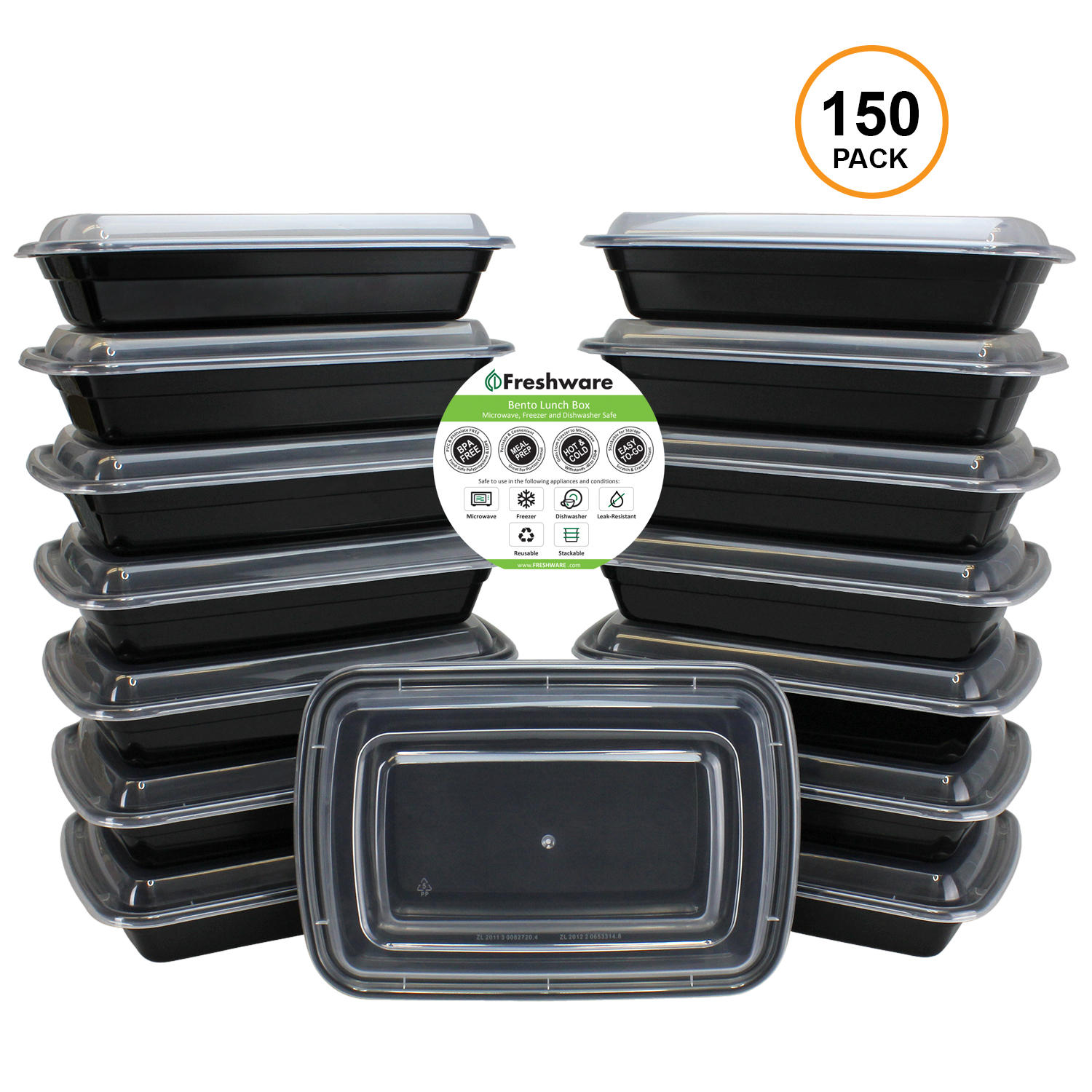 Freshware 150-Pack 1 Compartment Bento Lunch Boxes with Lids - Meal Prep, Portion Control, 21 Day Fix & Food Storage Containers (28oz)