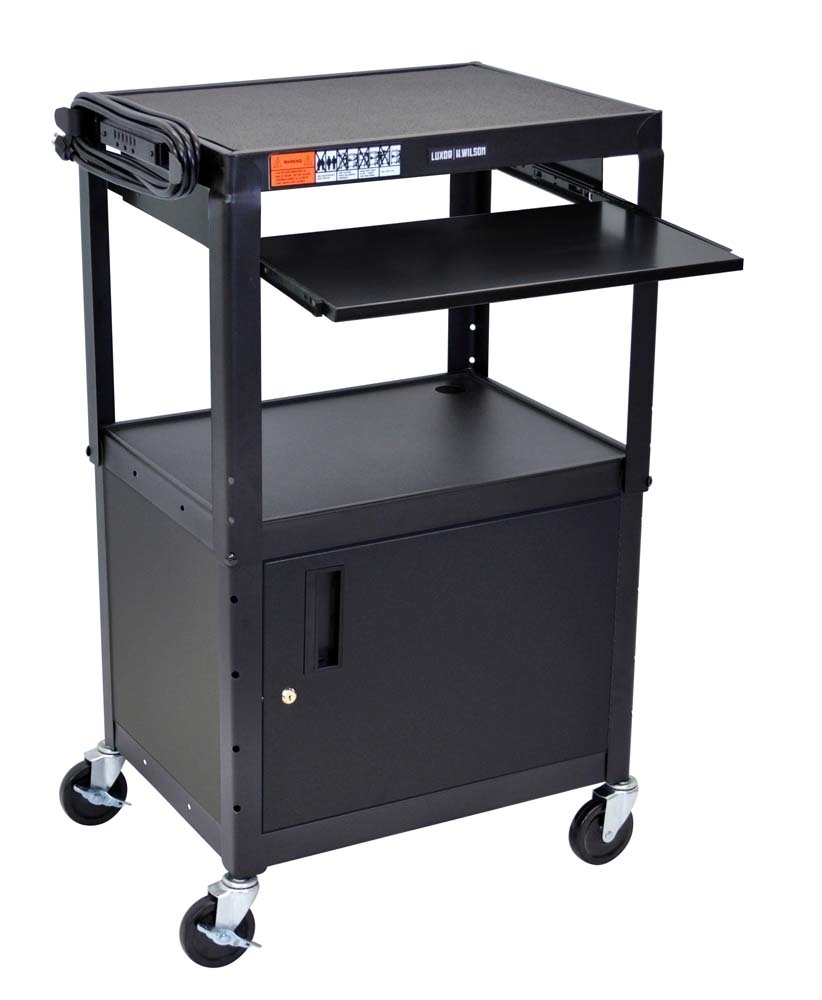 Offex Of-avj42kbc - Height Adjustable A/v Cart With Pullout Keyboard Tray And Cabinet - Black
