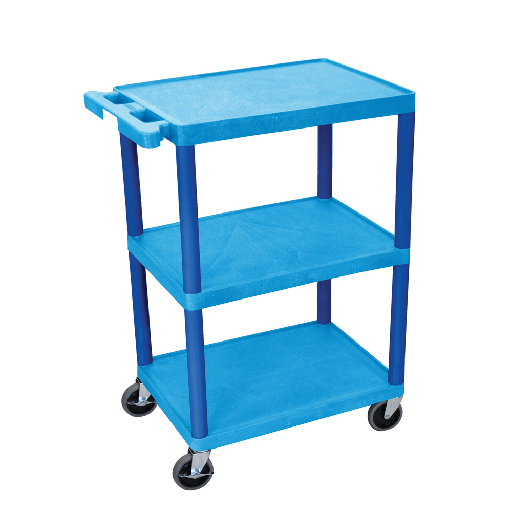 Offex Of-he34 Structural Foam Plastic Utility Cart 3 Flat Shelves - Blue