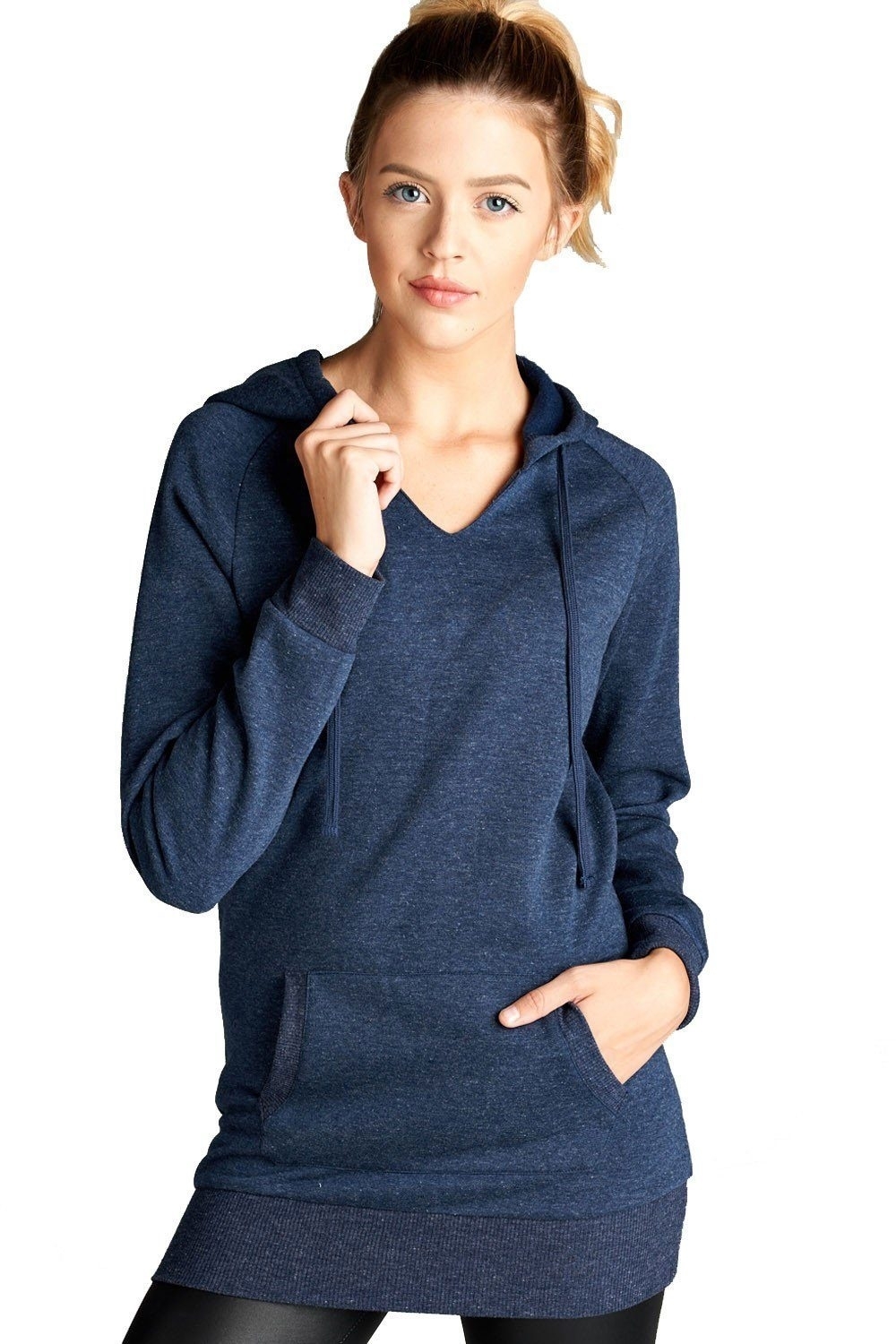 Raglan Long Sleeve Pullover Hoodie Sweatshirt in Heather Navy - Large, Heather Navy