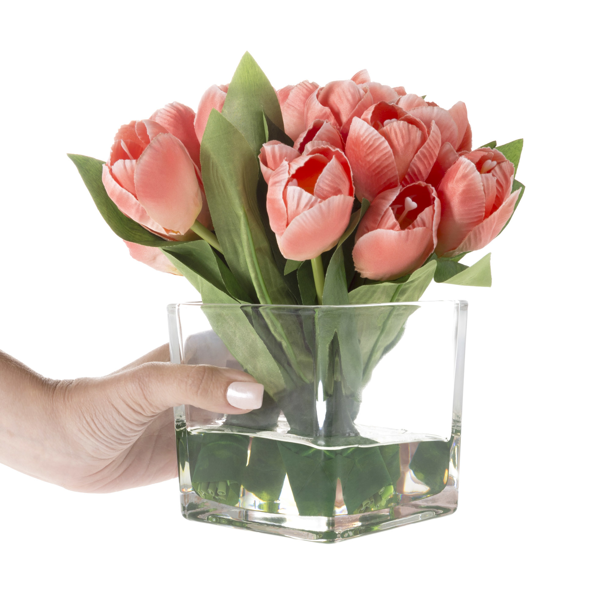 Glass Vase Faux Purple Hydrangea White Faux Silk Rose Flowers Artificial Water Beautiful Centerpiece