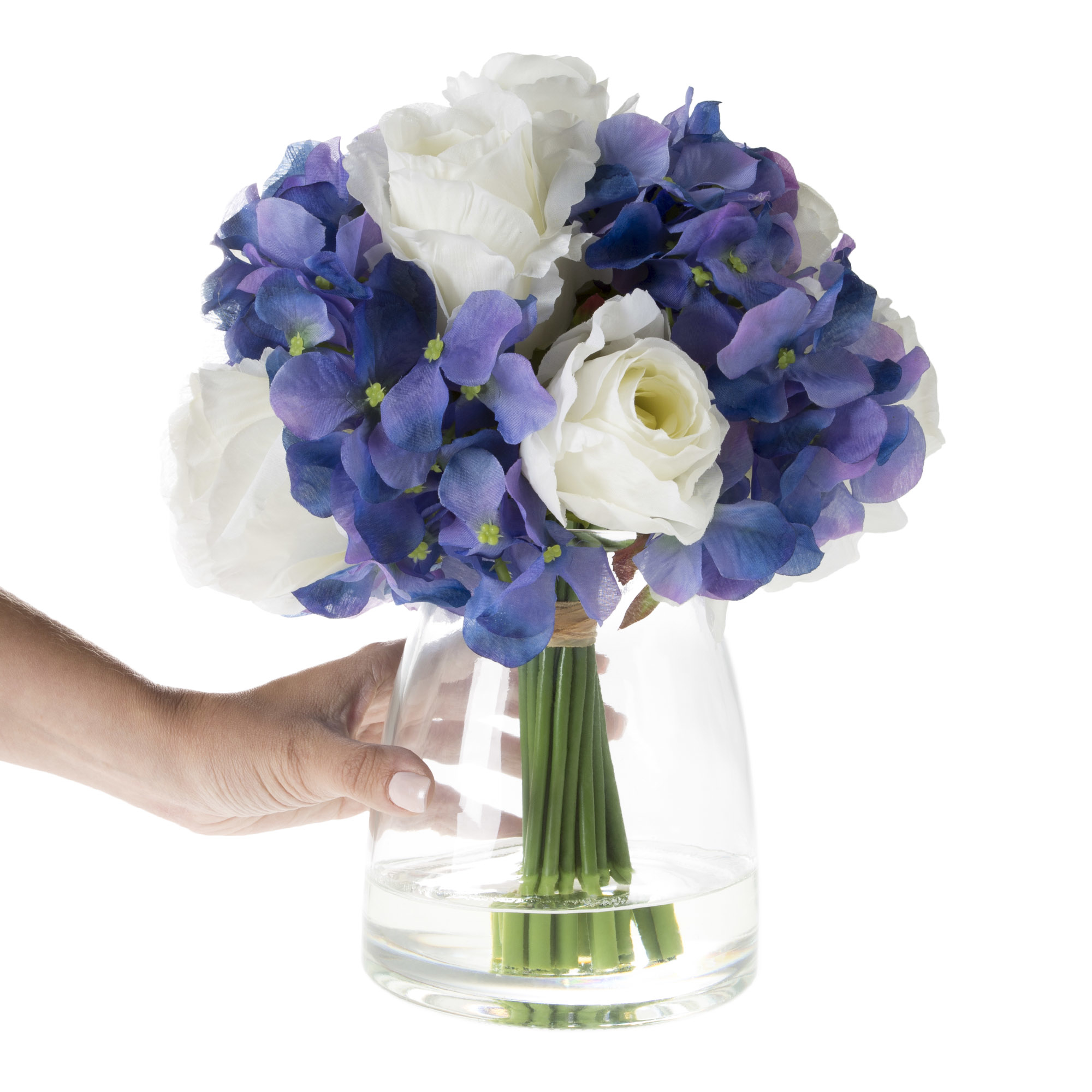 Hydrangea and Rose Artificial Silk Floral Arrangement in Glass Vase with Faux Water for Home Decor, Wedding Centerpiece