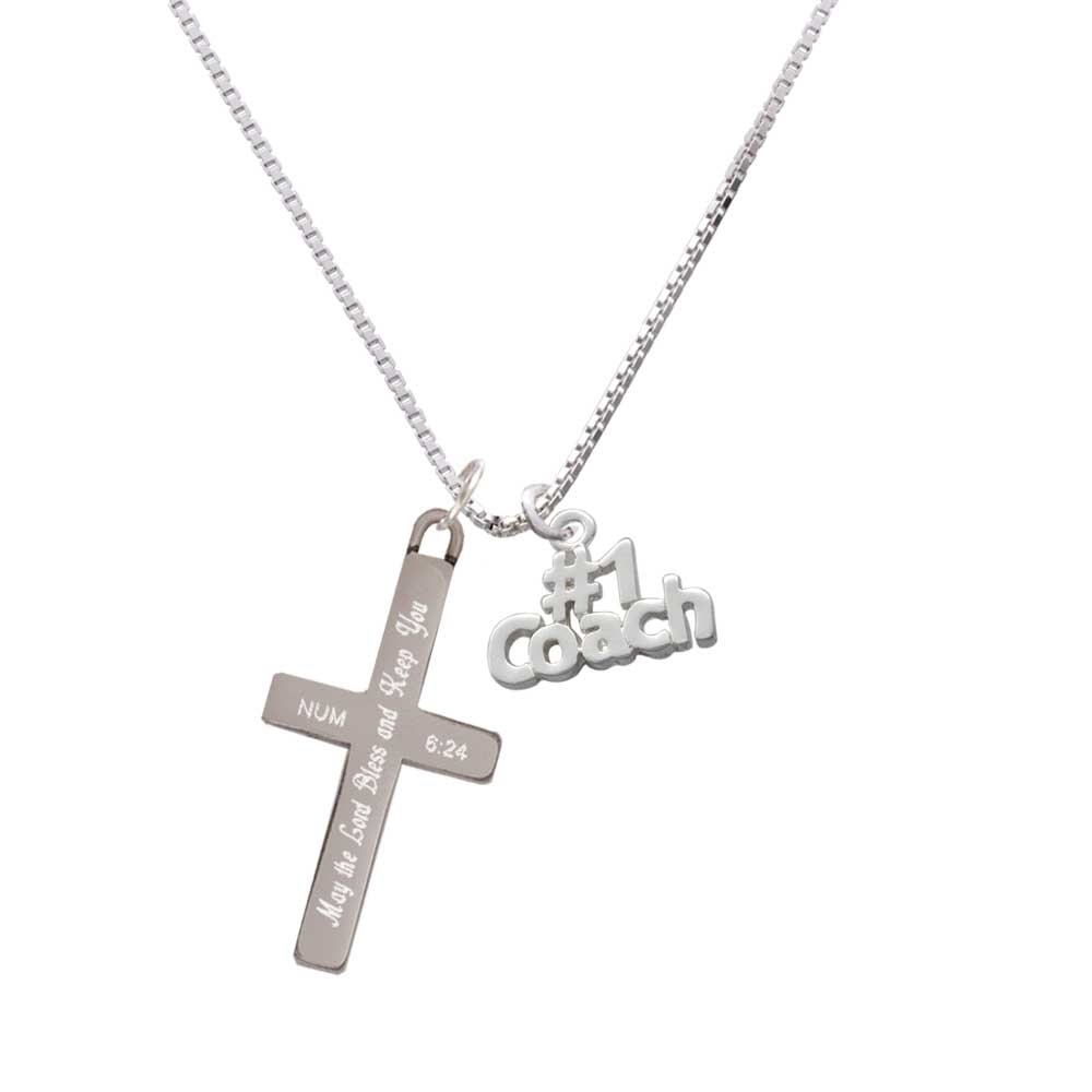 Silver Tone #1 Coach - Bless and Keep You - Cross Necklace. Charm size is approx. 0.58 x 0.75 x 0.07 inches (HxWxD) including loop. 1.3mm Box Chain necklace is 18"+2" Extender. Lobster claw clasp. Stainless Steel Cross is approx. 1.3 inches long. Engraved Bible verse Numbers 6:24 - The Lord bless you and keep you. Please Note: Our products are lead safe, but are not intended for children 14 years and younger.