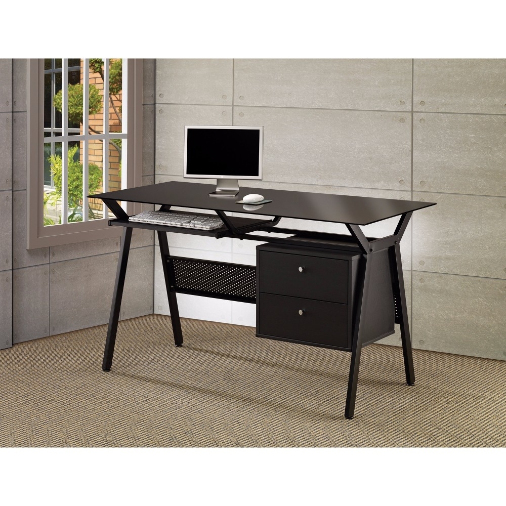Modish Metal Computer Desk With Two Storage Drawers, Black