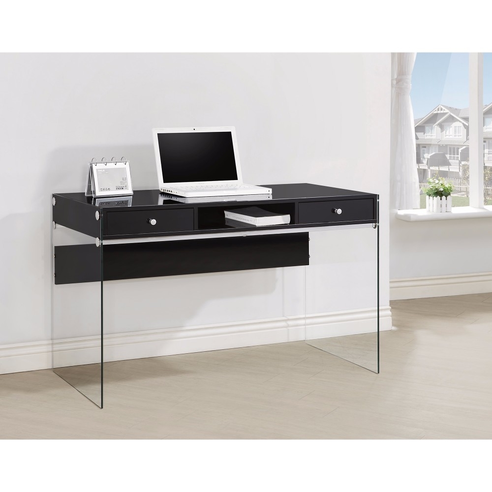 Elegant Metal Writing Desk With Glass Sides, Clear And Black