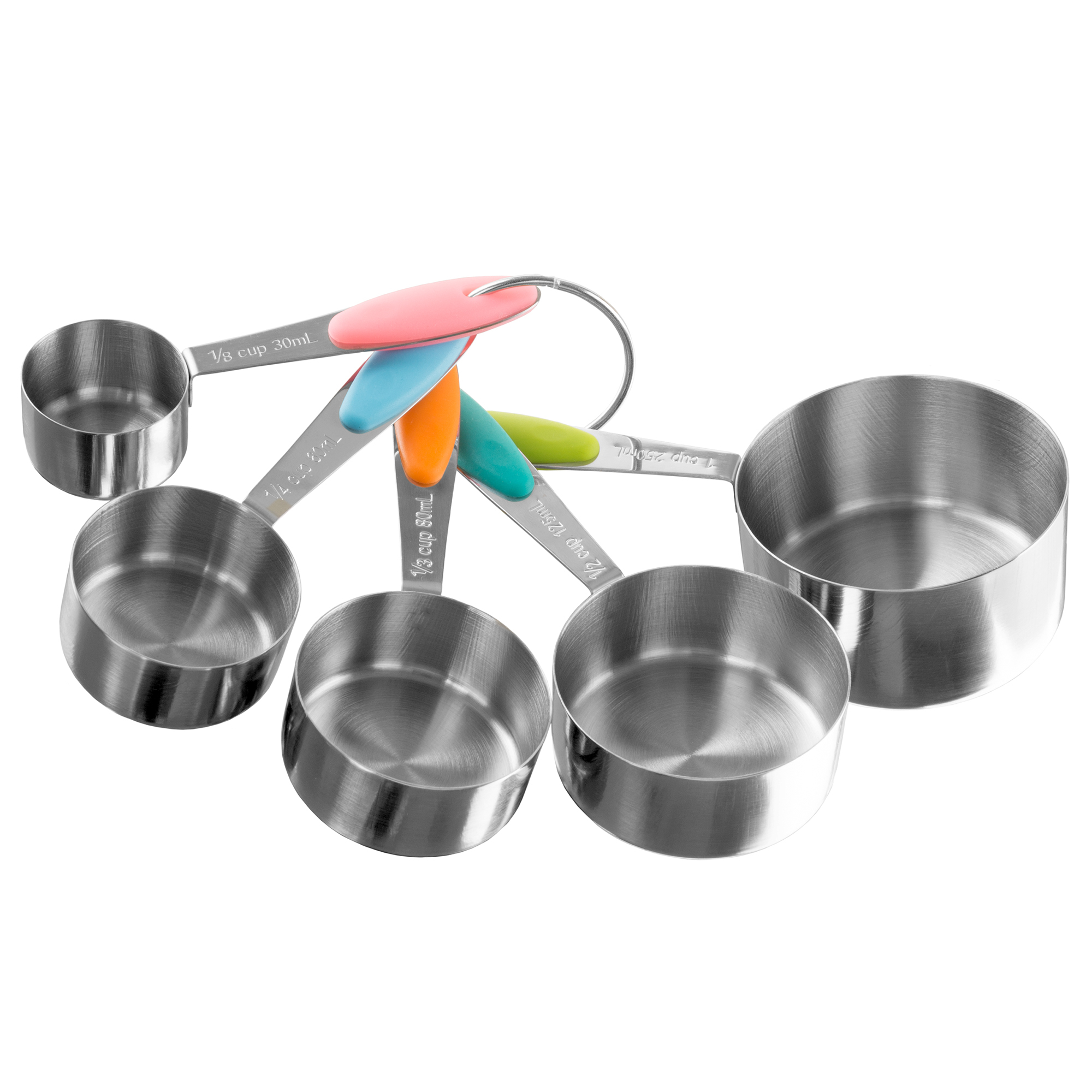 Stainless Steel Measuring Cups Set of 5 on Ring Space Saving Stacks Inside Cups and Metric Measurements