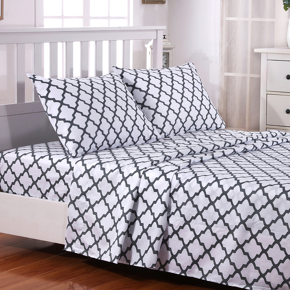 Egyptian Luxury 1800 Thread Count Quatrefoil Pattern 4 Piece Bed Sheets Set - White/grey, Queen