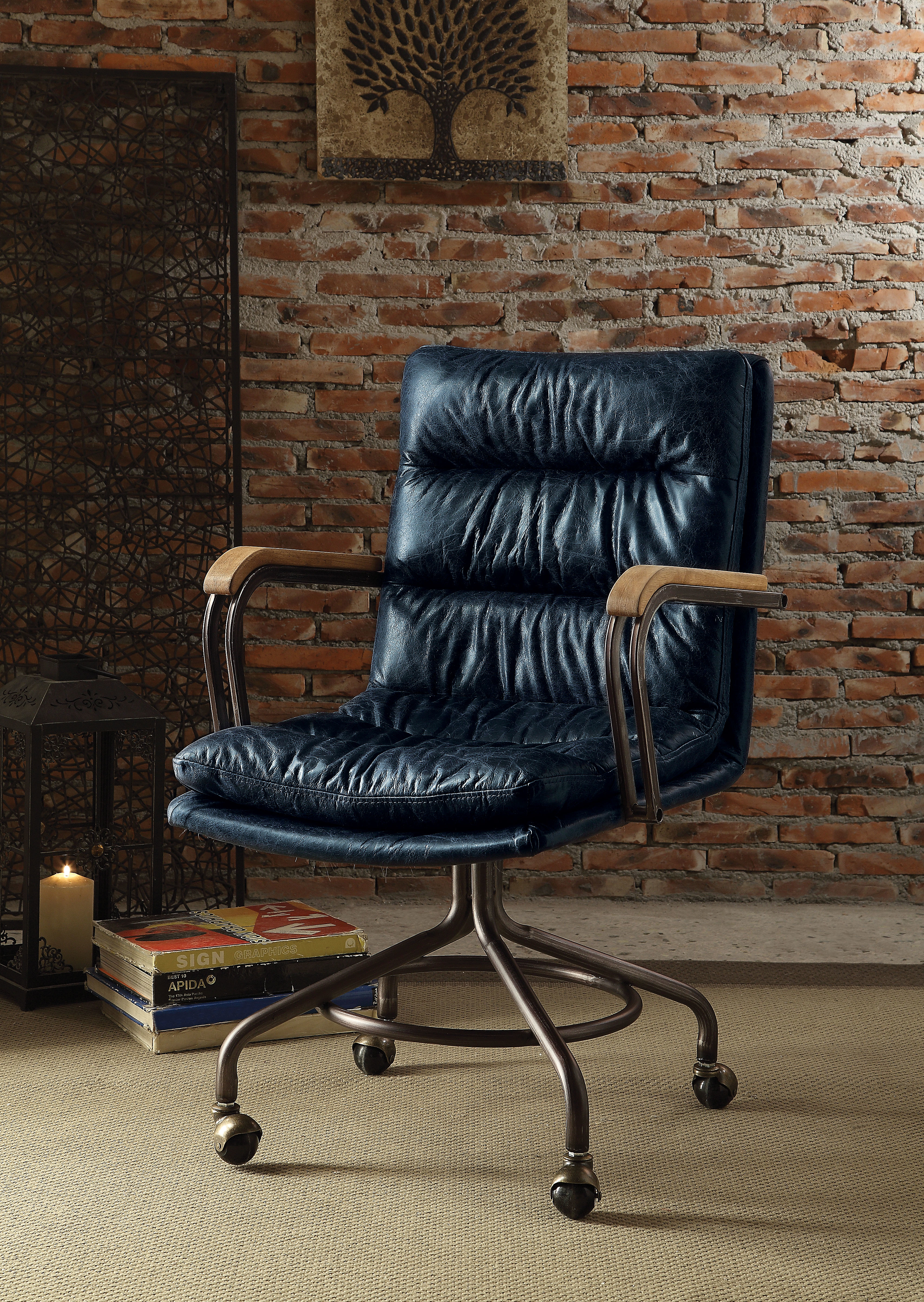 Metal & Leather Executive Office Chair, Vintage Blue