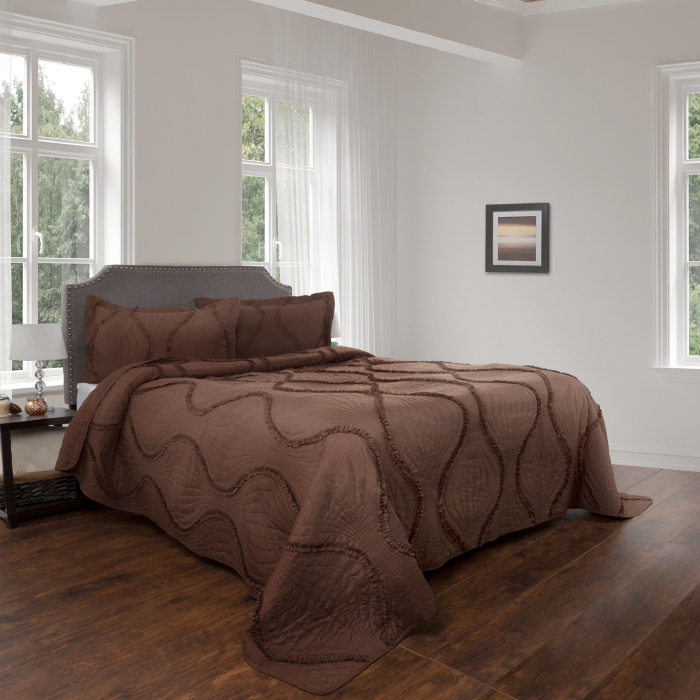 Chocolate Full Queen Size Quilted Bedspread Elegant Ruffle Hypoallergenic 3 Piece With Shams