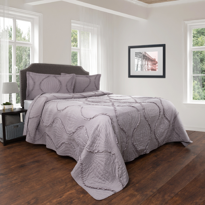 Gray Twin Size Quilted Bedspread Elegant Ruffle Hypoallergenic 2 Piece With Sham