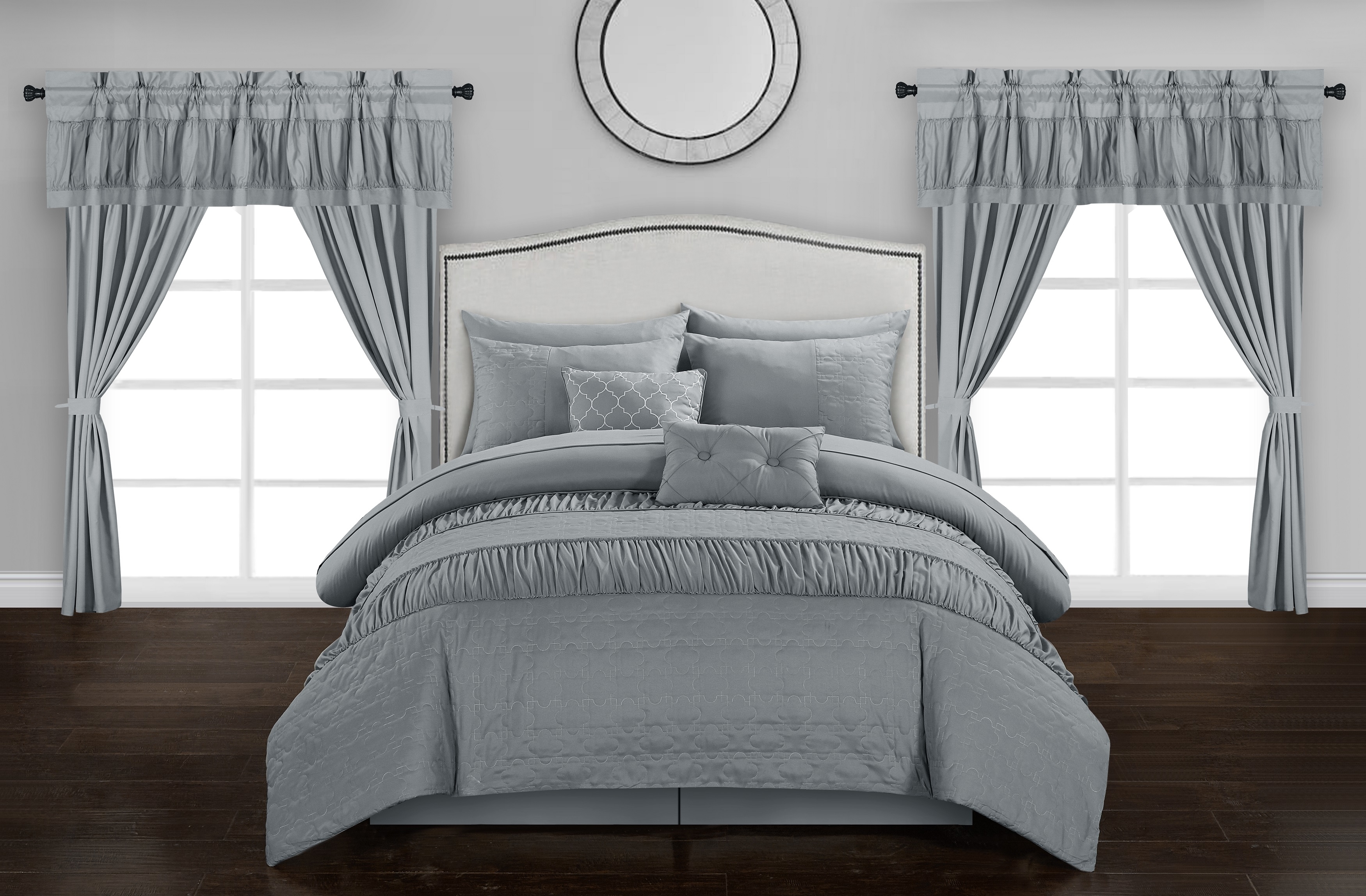 Mykonos 20 Piece Comforter Set Embossed Bedding - Sheets Window Treatments Decorative Pillows Shams Bed Skirt Included - Grey, King