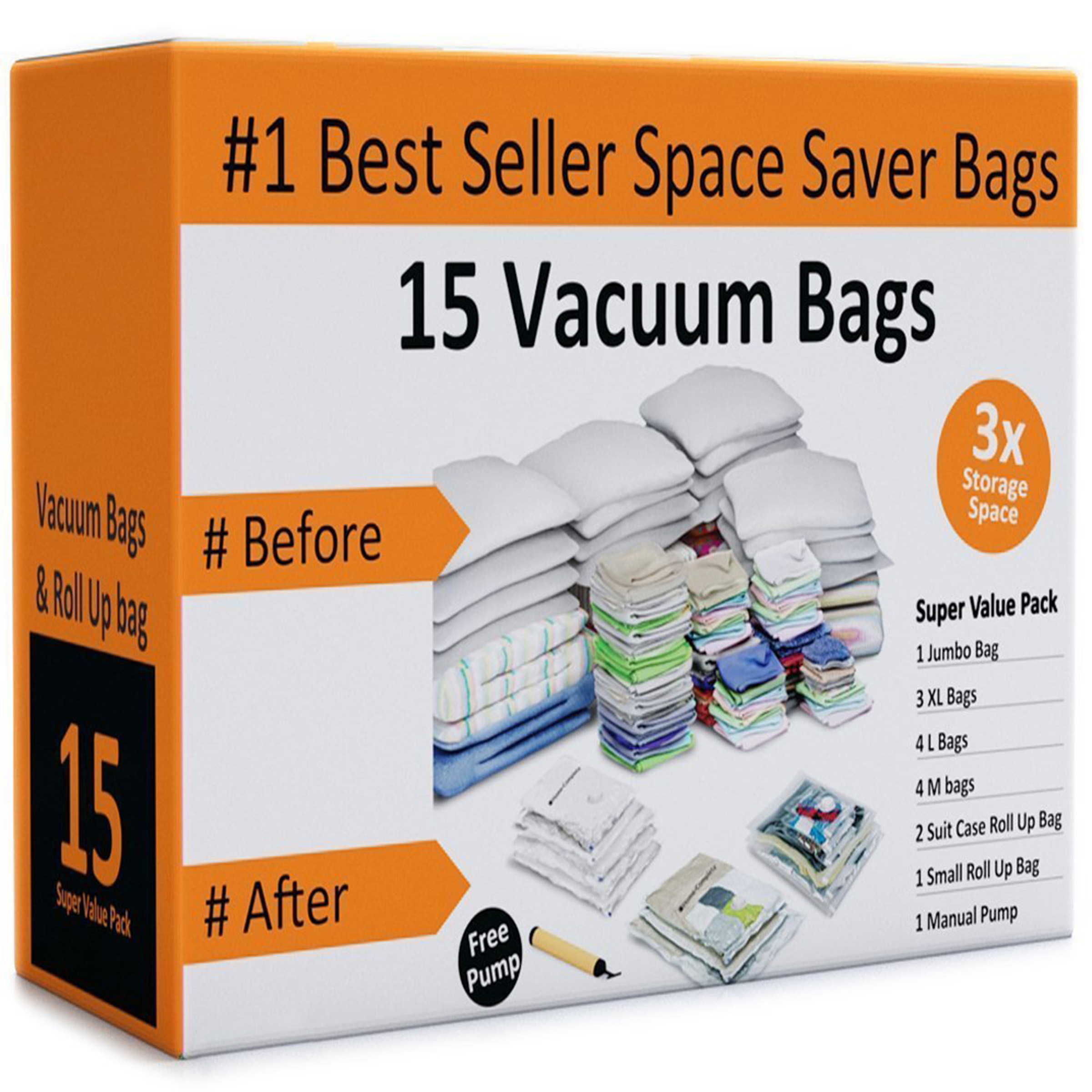 Pack of 15 Vacuum Storage Bags Air Tight Seal Closet Space Saving Organize